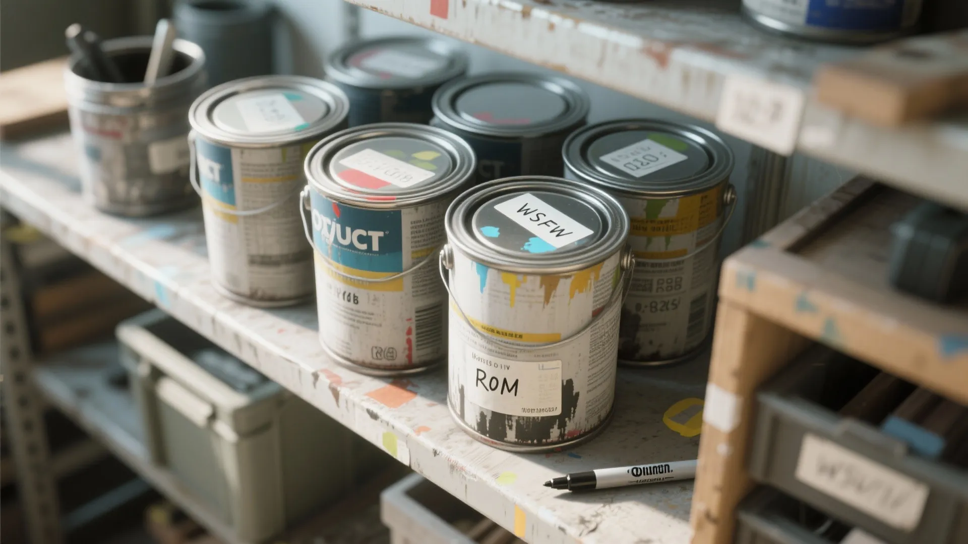 Multiple paint cans with white labels sitting on a metal shelf in a home workshop