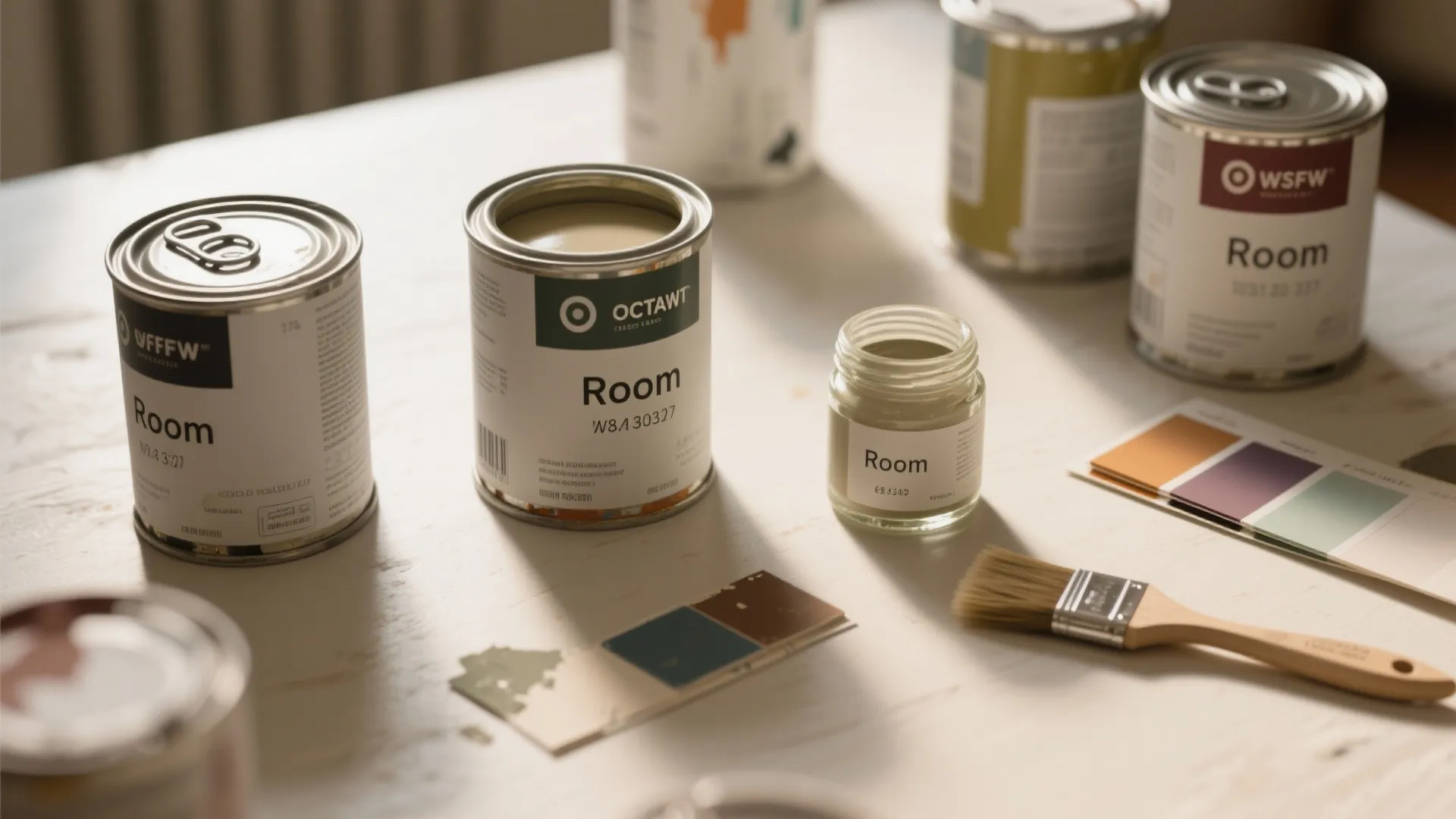 Multiple paint cans and small jars with color samples and paint brushes on white table