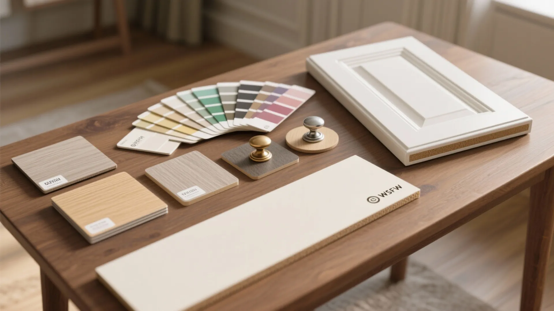 Paint color swatches wood material samples metal door knobs and white cabinet door on table