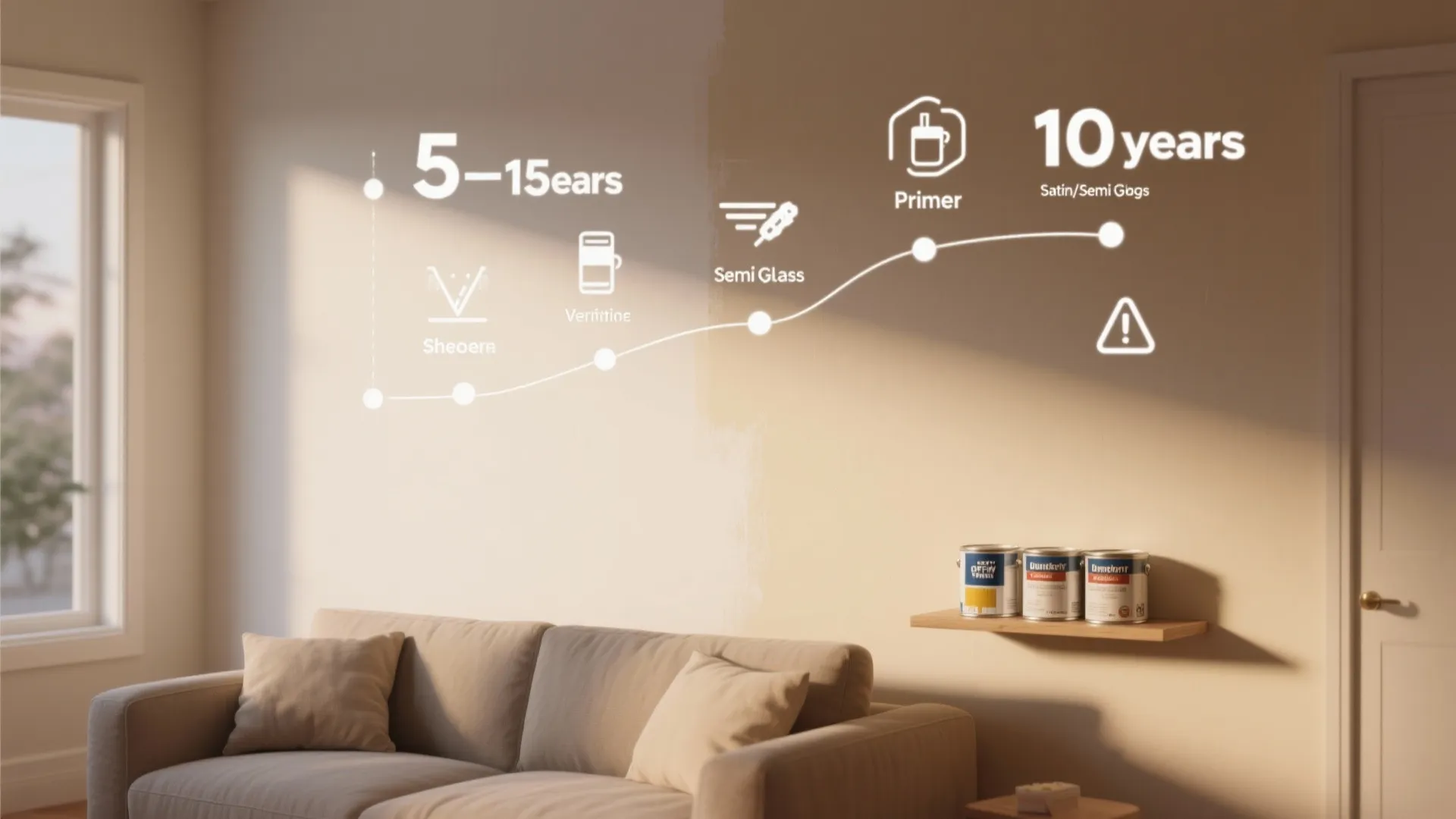 Living room infographic showing paint lifespan and durability timeline on wall above a beige sofa
