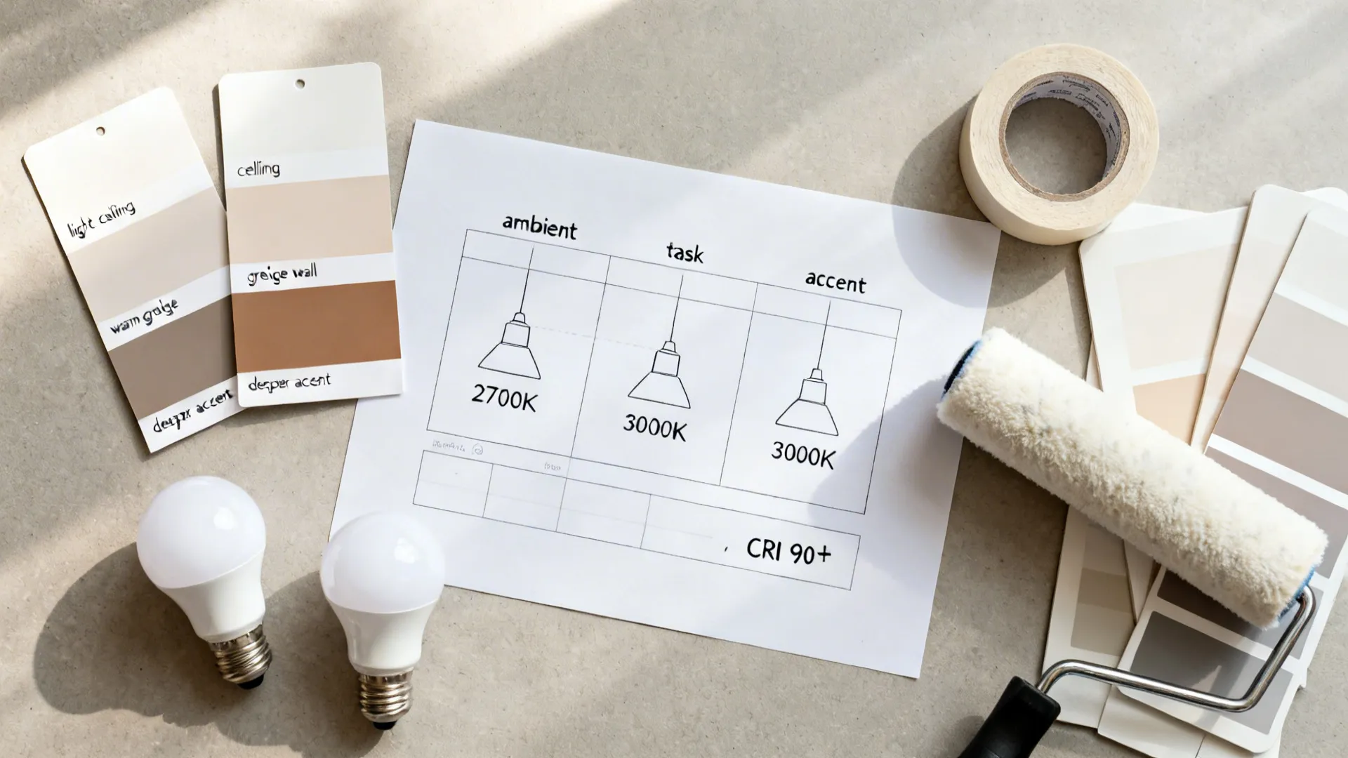 Top-down flat lay showing paint swatches, lighting plan, bulbs, and tools for a budget refresh.