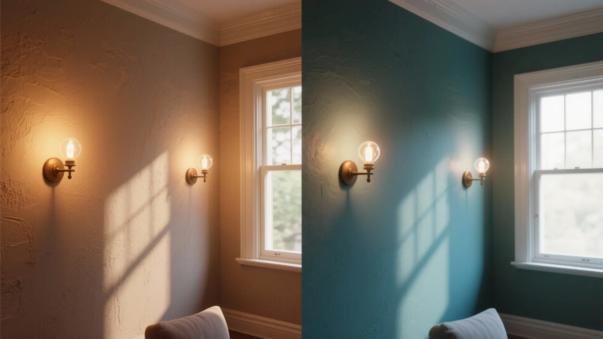 Same wall shown under warm sconce light and soft daylight to illustrate lighting effects on color