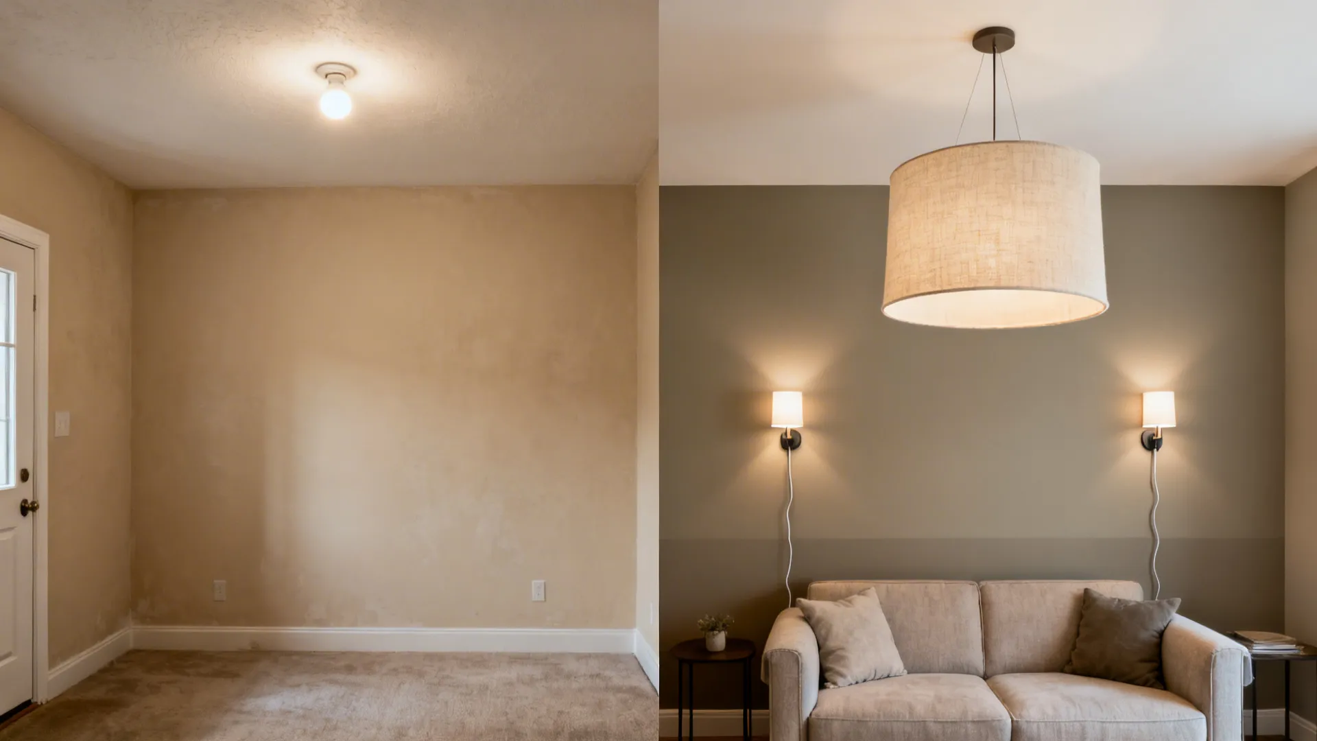 Before-and-after of a small living room showing greige paint and layered lighting upgrades.