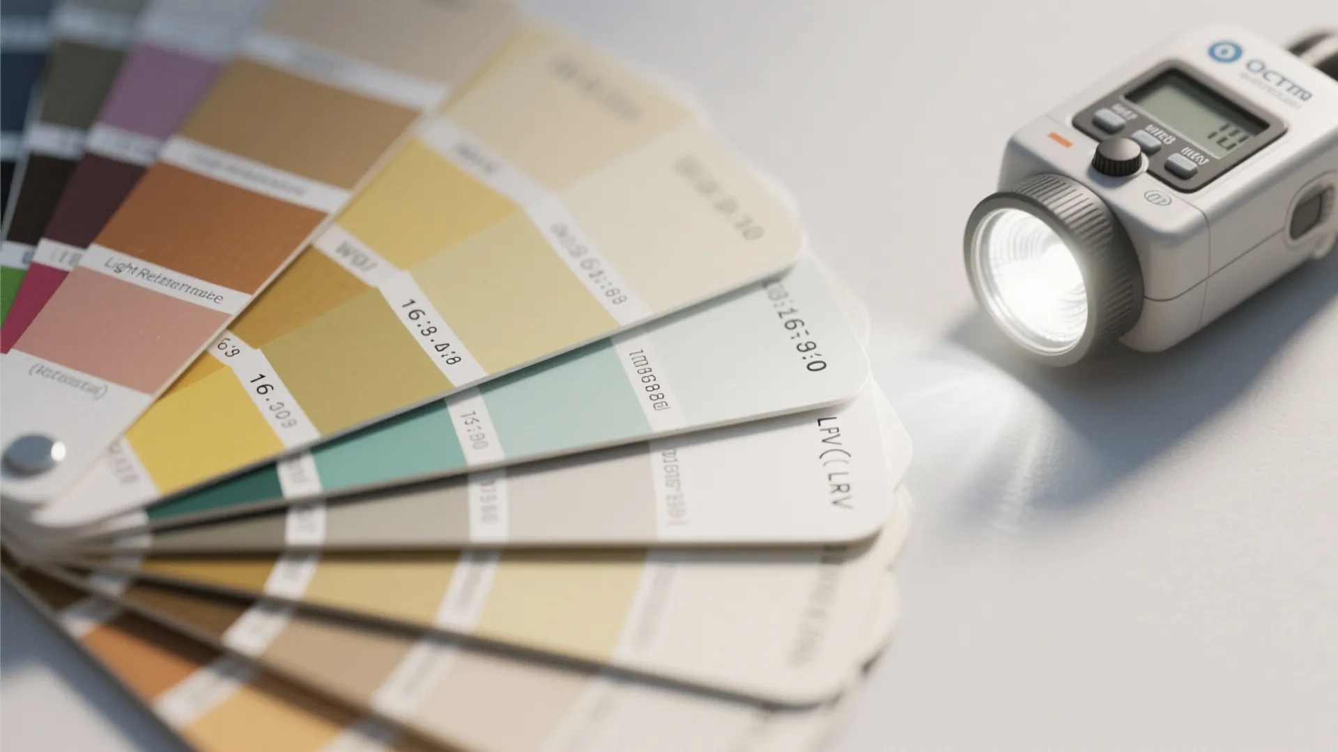 Close up of paint color swatches being illuminated by a handheld light on white surface