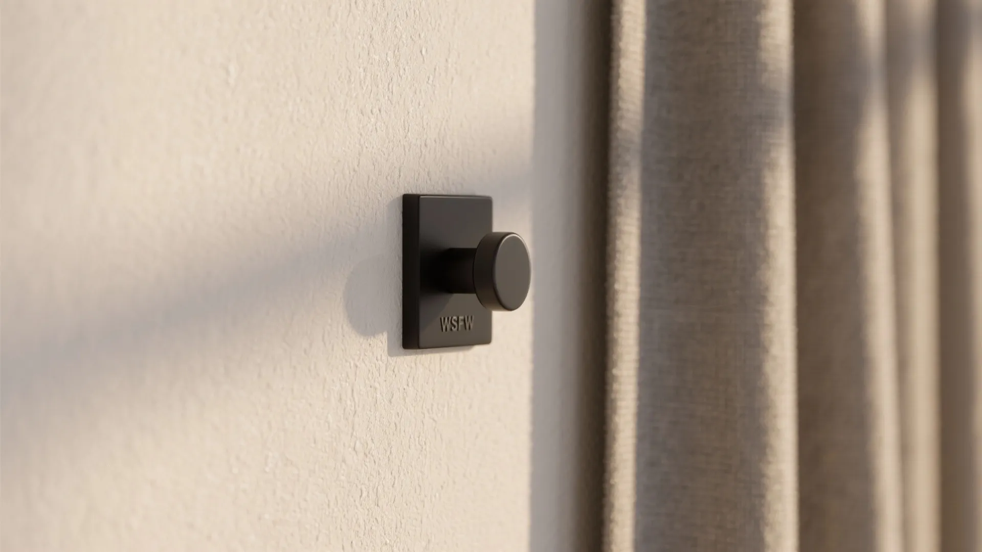 Close up of a black metal wall hook on a white wall near a grey curtain