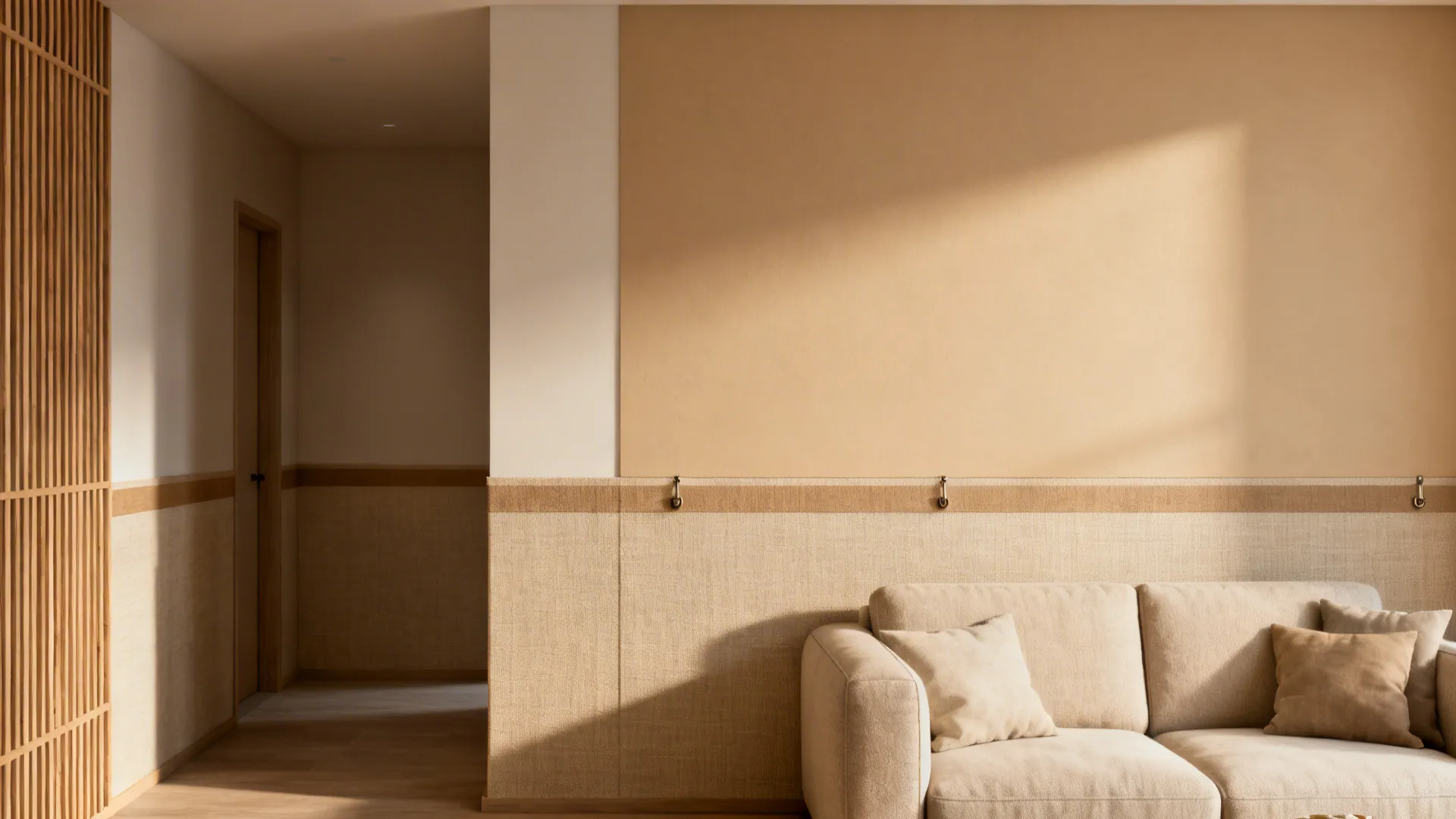 Paint-mapped sofa wall with a warm neutral block, stripe accent, and removable fabric panels.