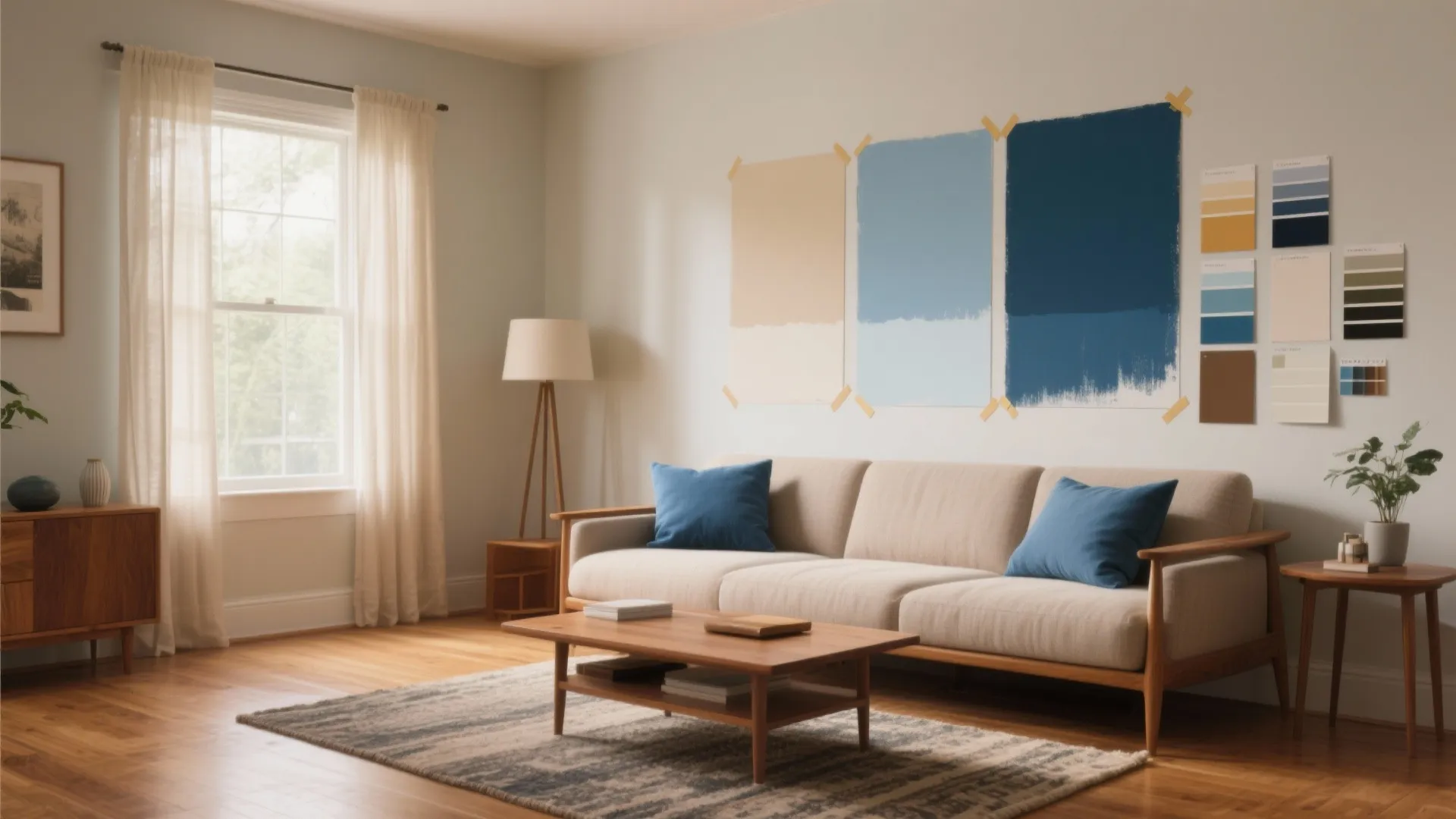 Living room with beige sofa blue pillows and three large paint color swatches on wall