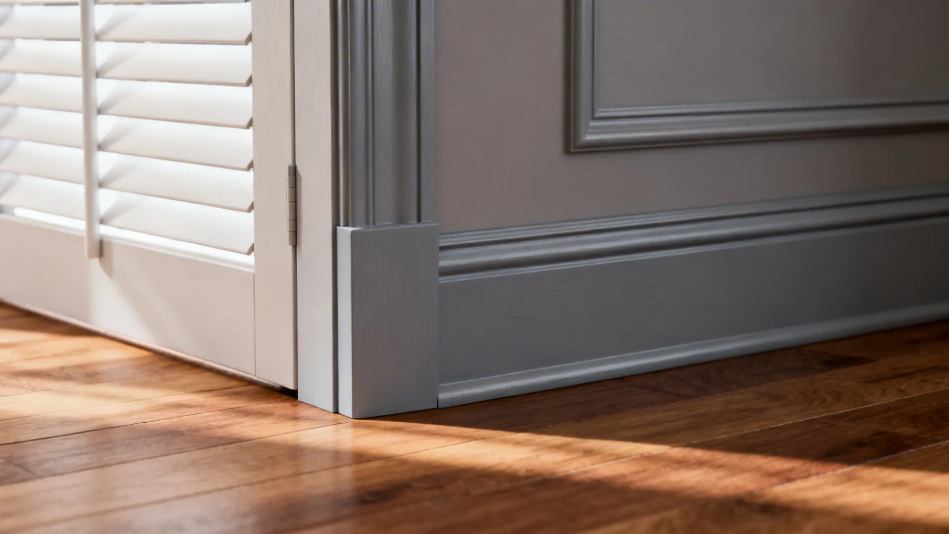 Close-up of plantation shutter paint-matched to trim creating a cohesive built-in look.