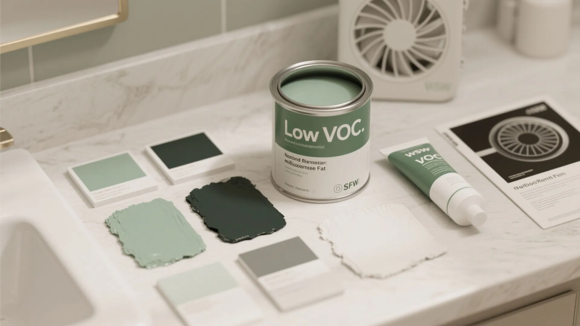 Flatlay of mildew-resistant flat paint swatches, low-VOC paint can, and ventilation brochure.
