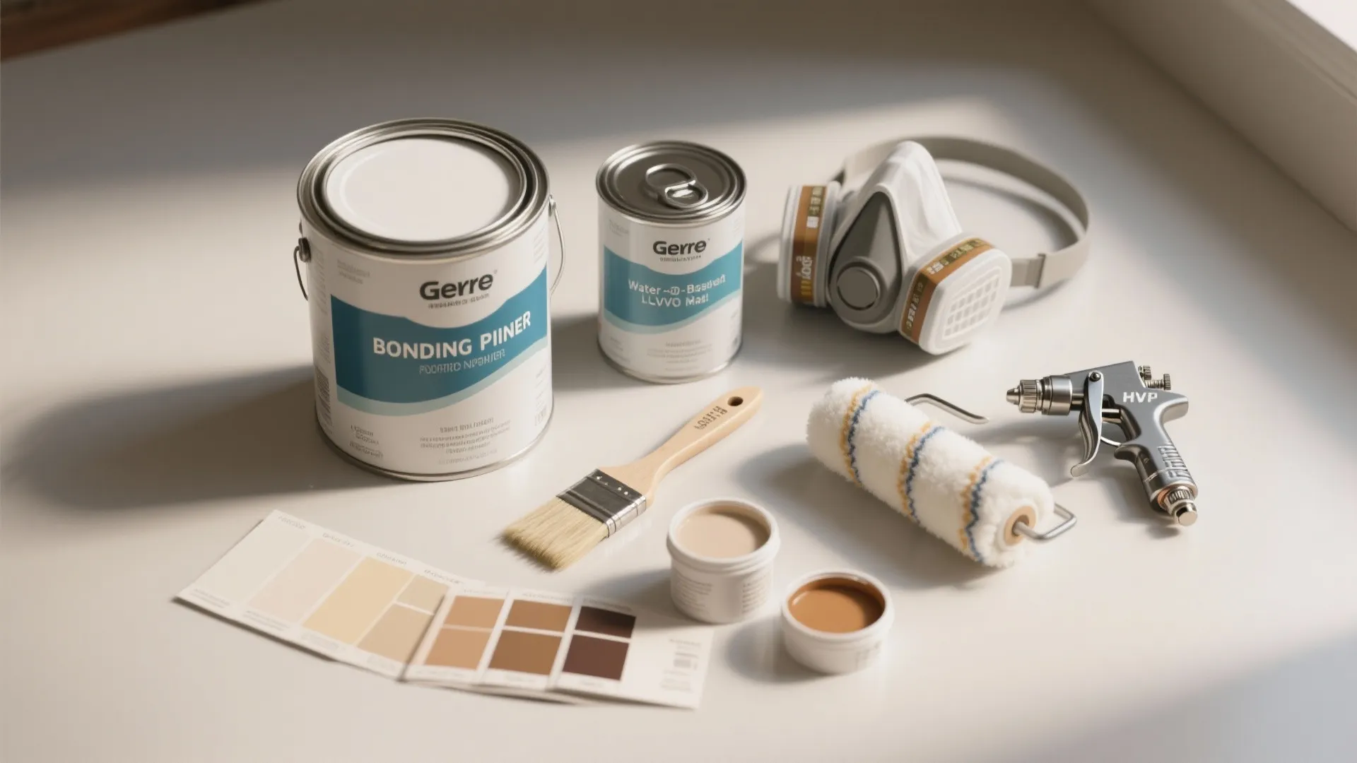 Flatlay of water-based paint cans, bonding primer, brushes, rollers and color swatches for RV interiors