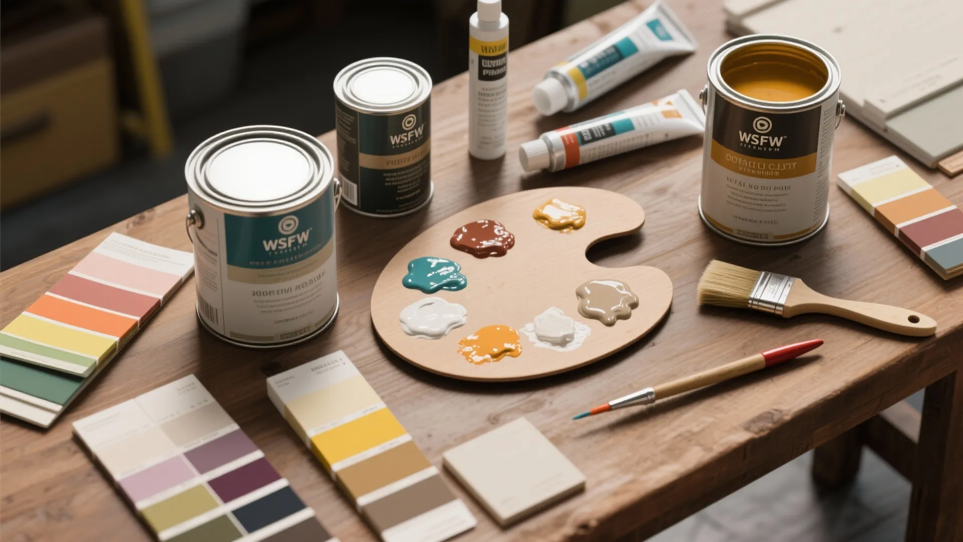Paint cans and brushes on a wooden table with color samples and a mixing palette