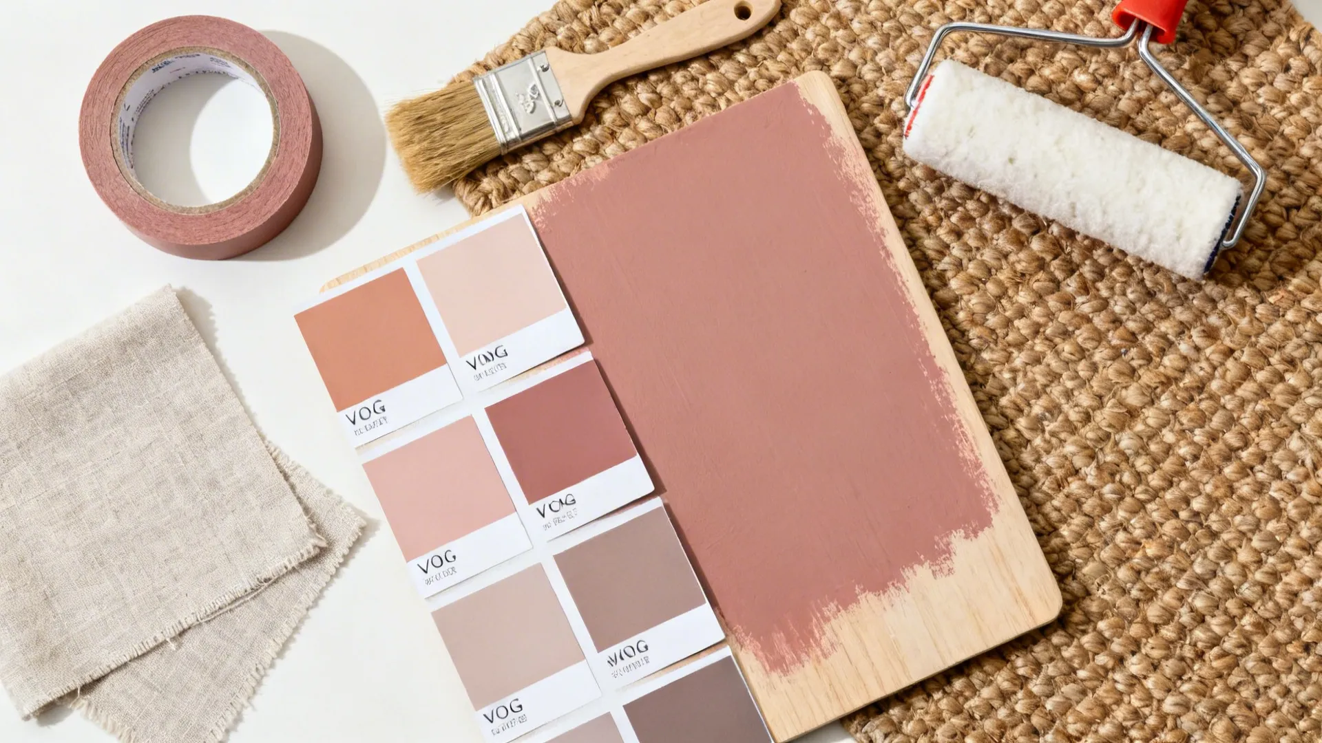 Flat lay of warm neutral and dusty rose paint chips with tools, linen, and jute rug samples.