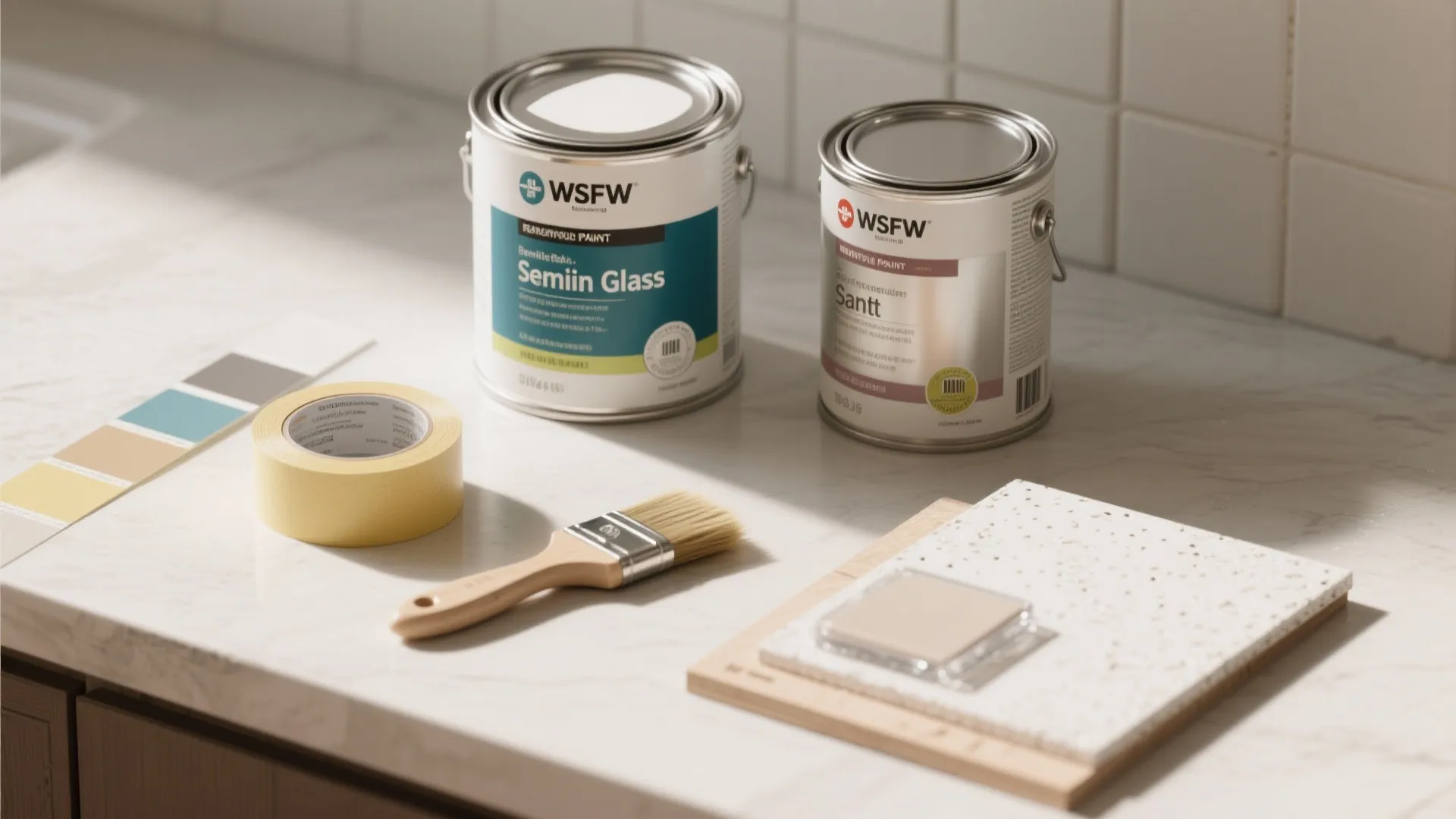 Flatlay of paint cans, brushes, painter's tape and sealed sample panel for backsplash projects