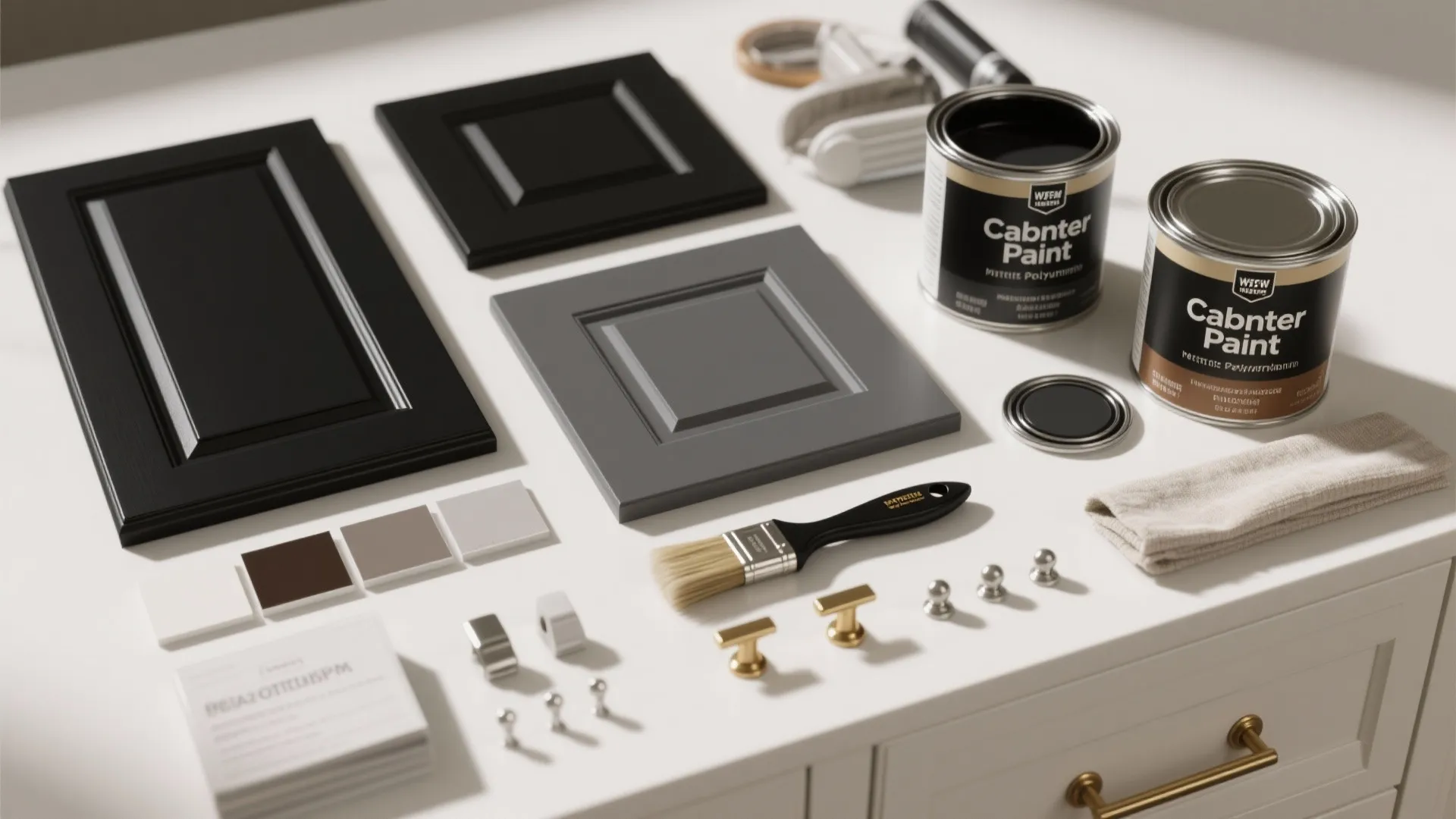 Cabinet paint cans with black and grey door samples plus paint brush and gold handles
