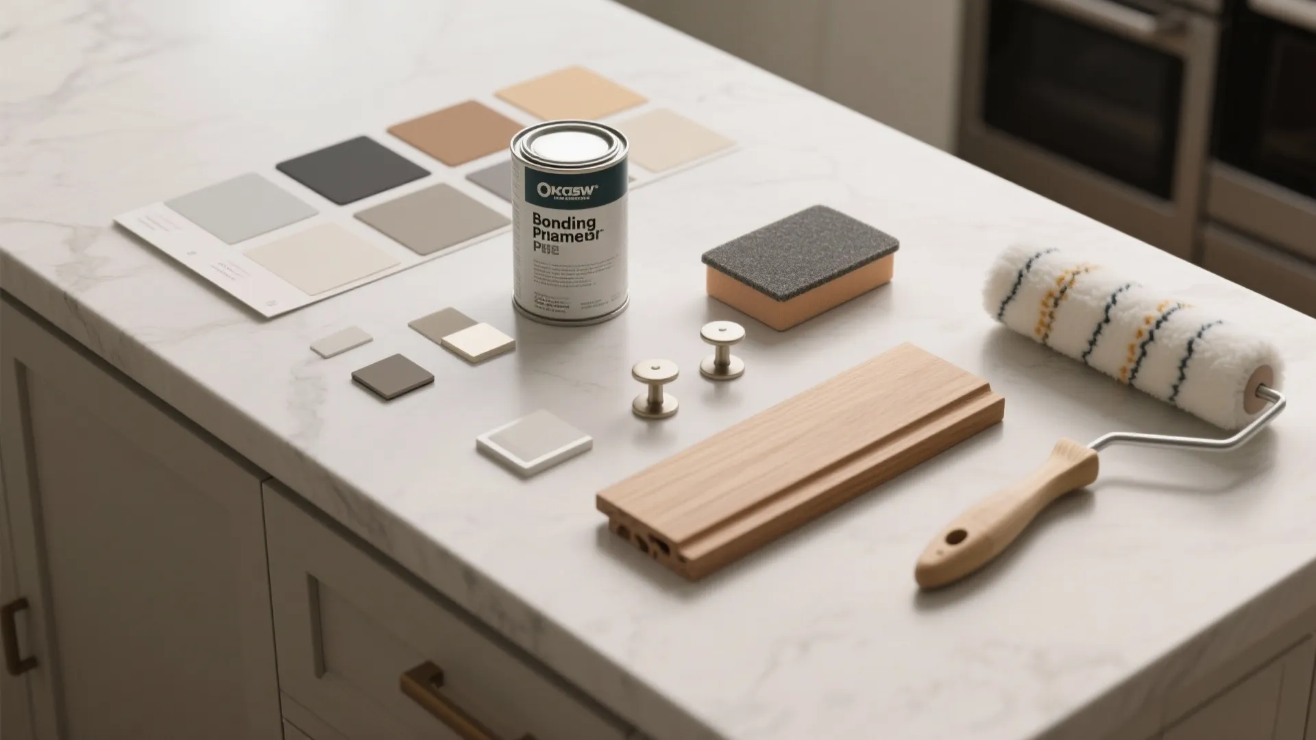Collection of home renovation tools including paint can color swatches paint roller and wood panel