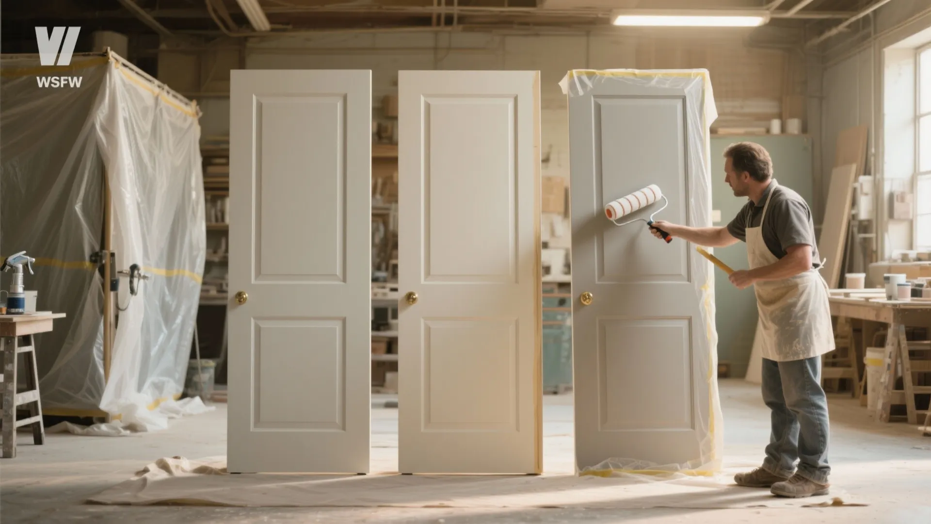 Man using a paint roller to paint three white wooden doors in a bright workshop