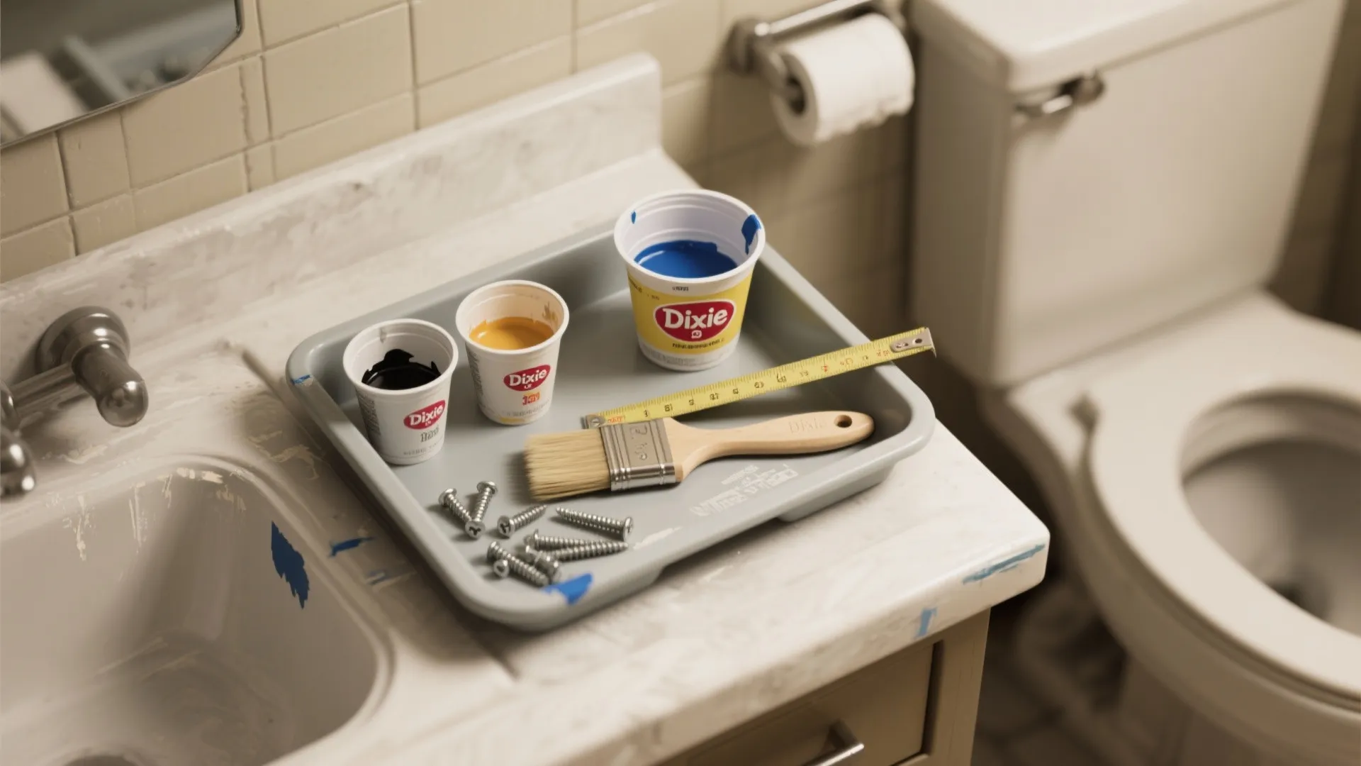 Small cups of paint a paintbrush and screws on a tray in a white bathroom