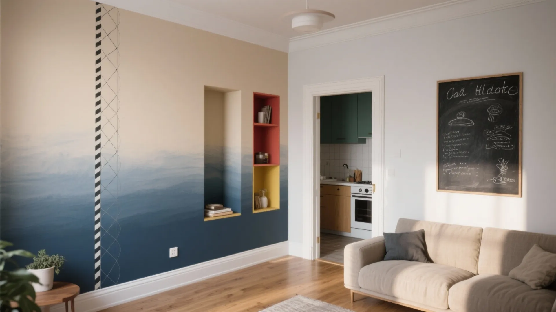 Living room with blue ombre wall panel sofa wooden floor and view into kitchen area
