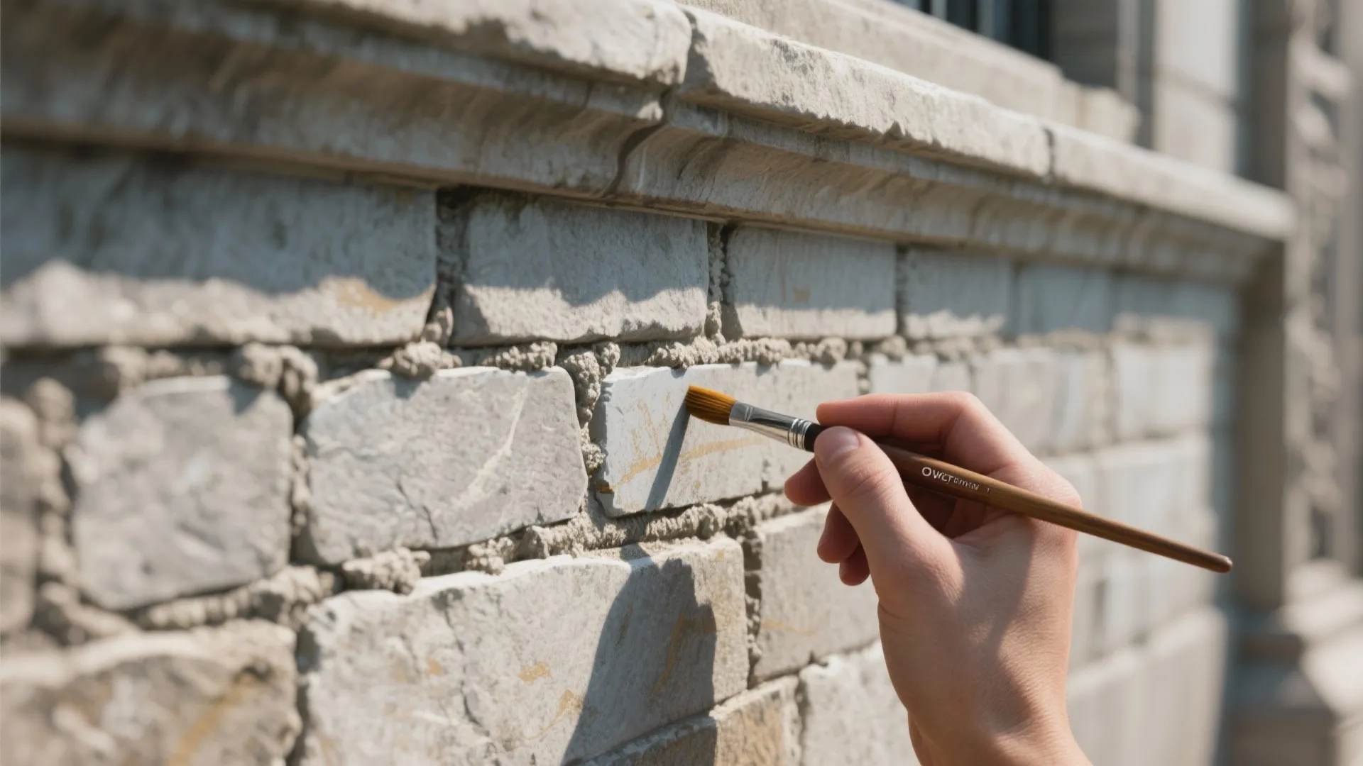 Person using a small brush to apply paint or mortar onto a textured stone wall