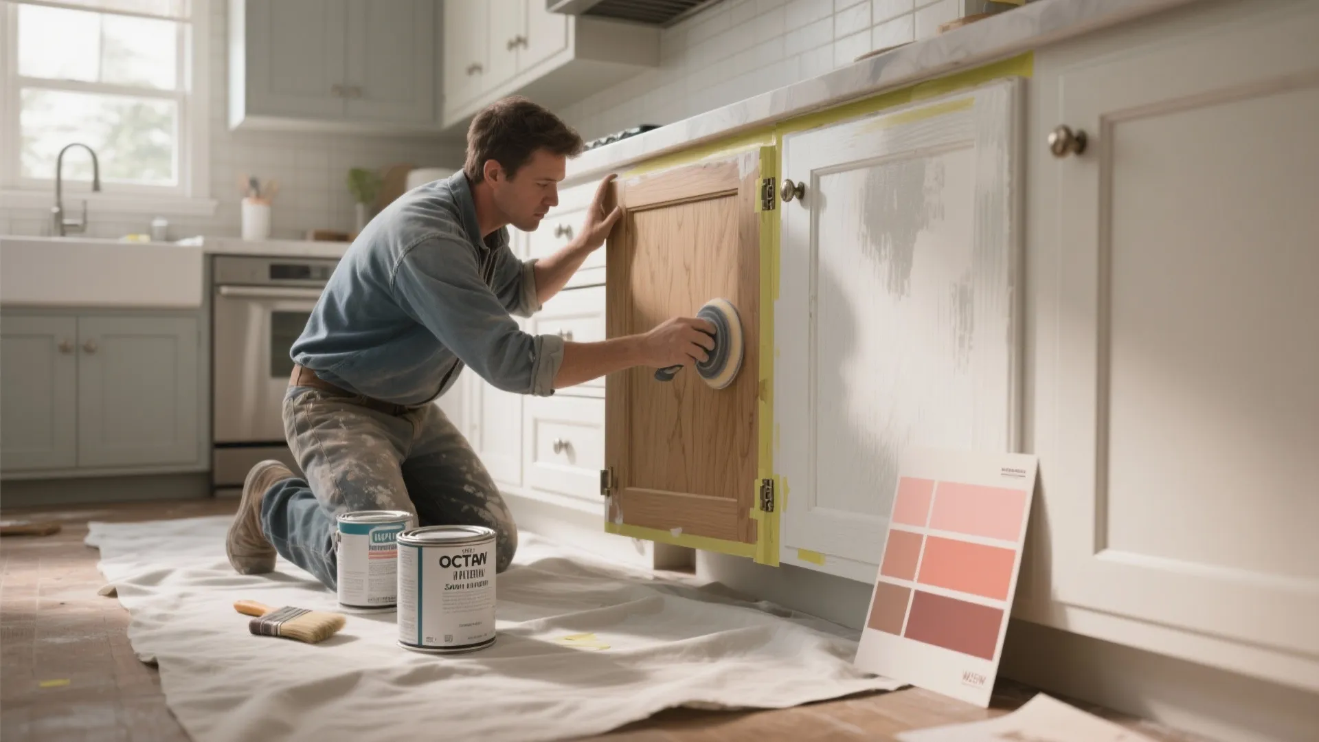 Man sanding wood cabinet door in kitchen with paint cans and color samples on floor