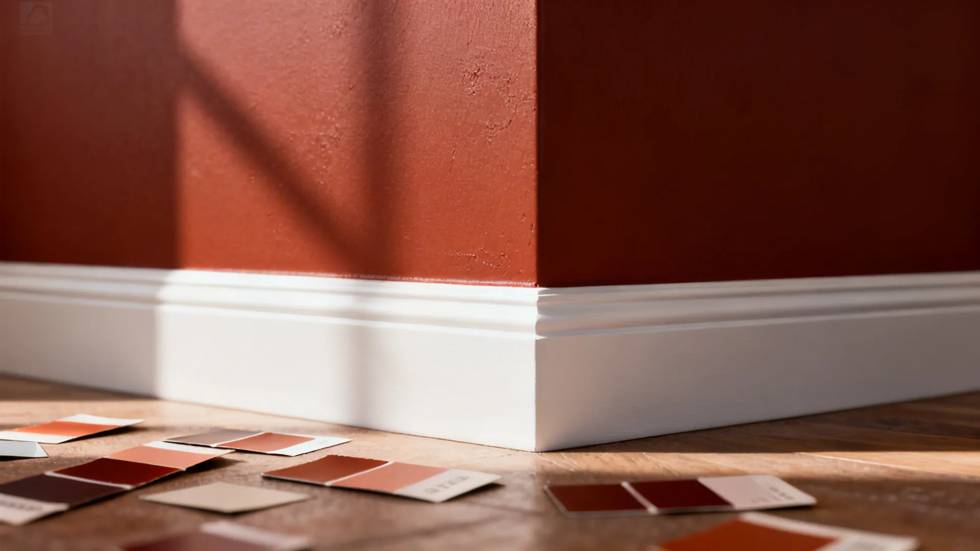 Terracotta accent wall with crisp white trim and paint swatches on the floor in soft daylight.