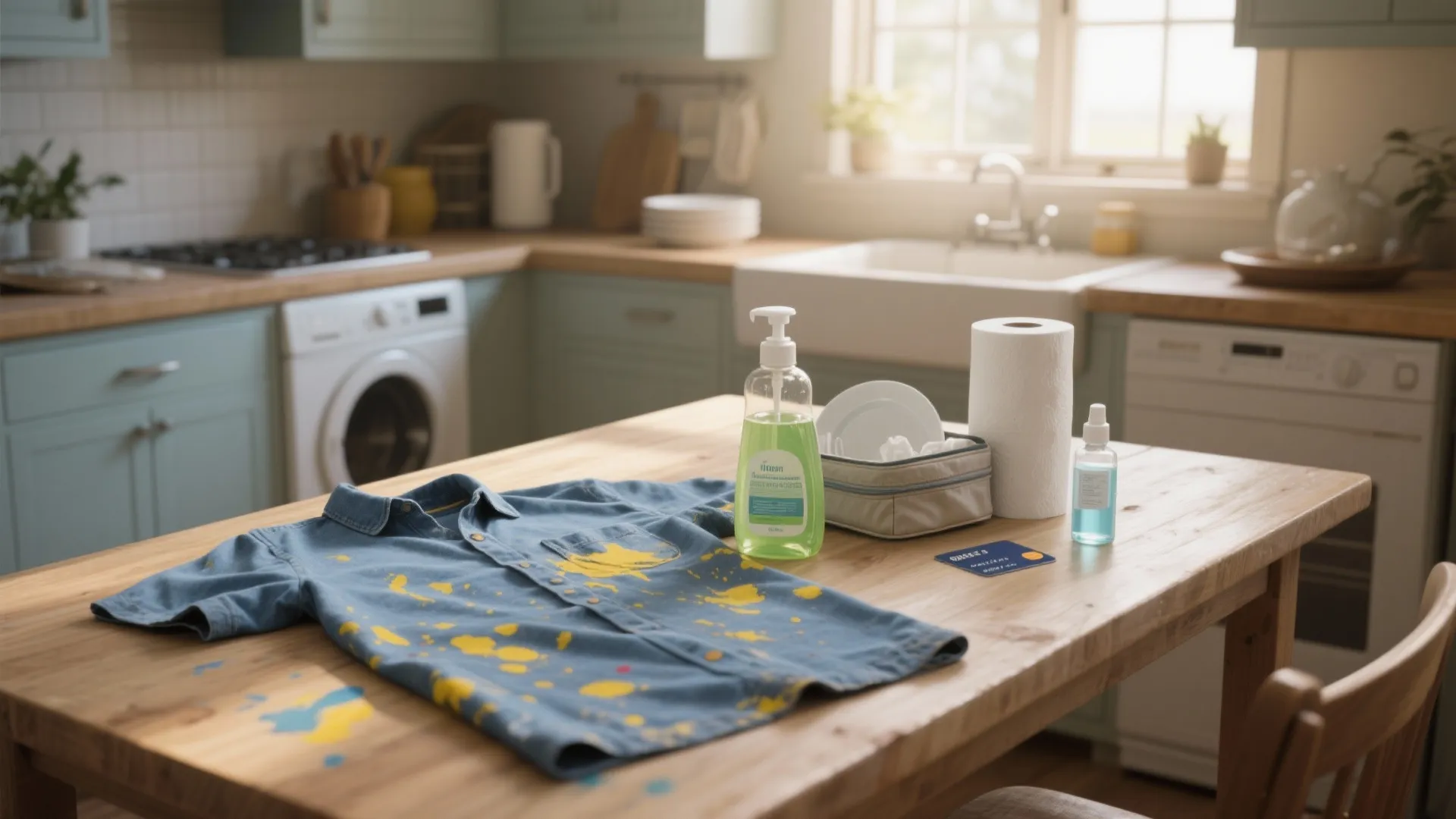 Blue shirt with yellow paint stains on a wooden table with cleaning supplies and kitchen