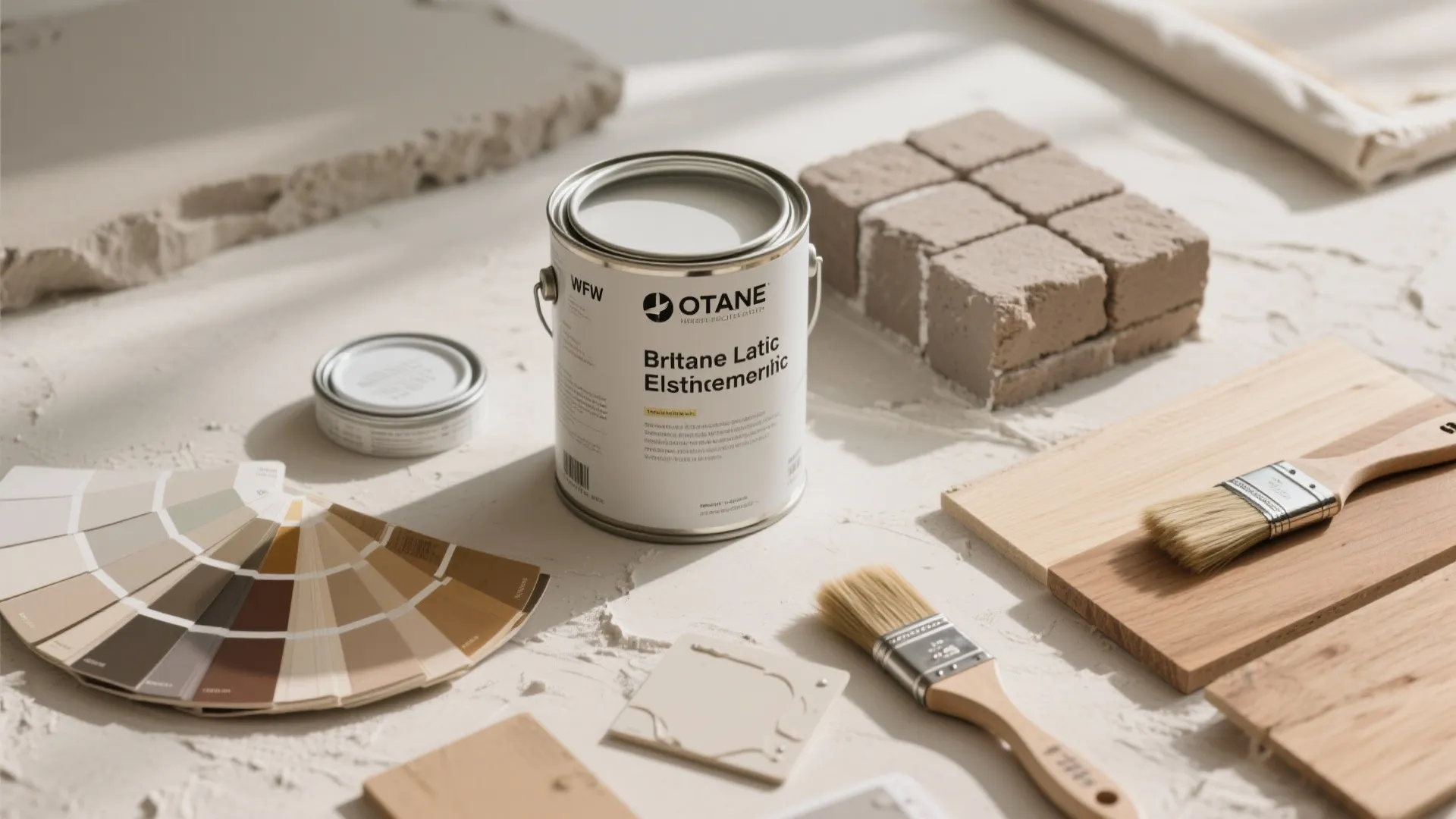 White paint can with color swatches and wood samples and two brushes on the table