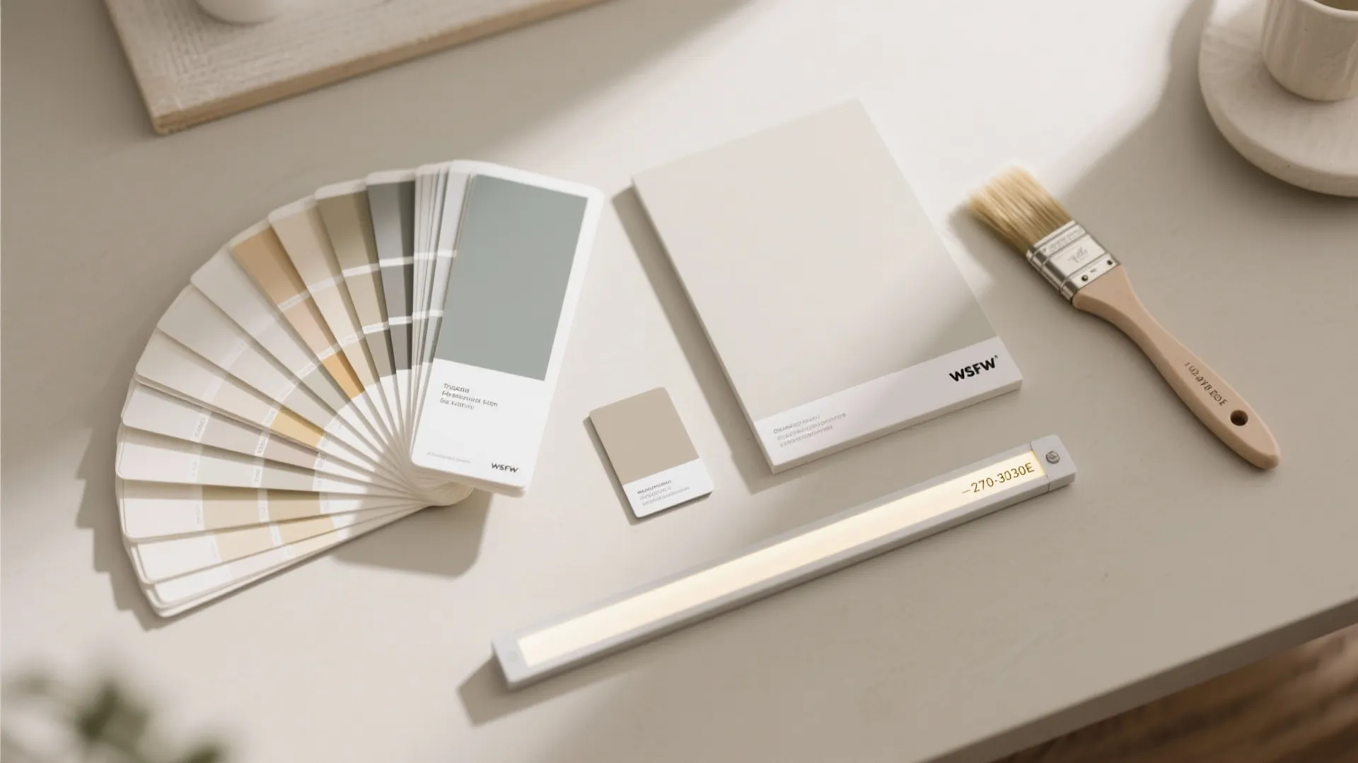 A collection of paint color swatches and samples on a table with a paint brush