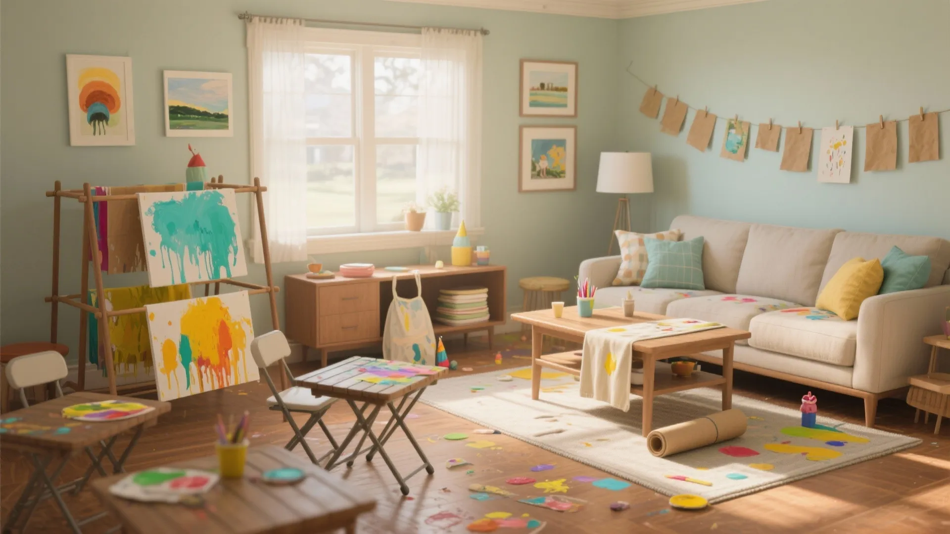 Messy art studio in living room with paint on floor sofa easels and blue walls