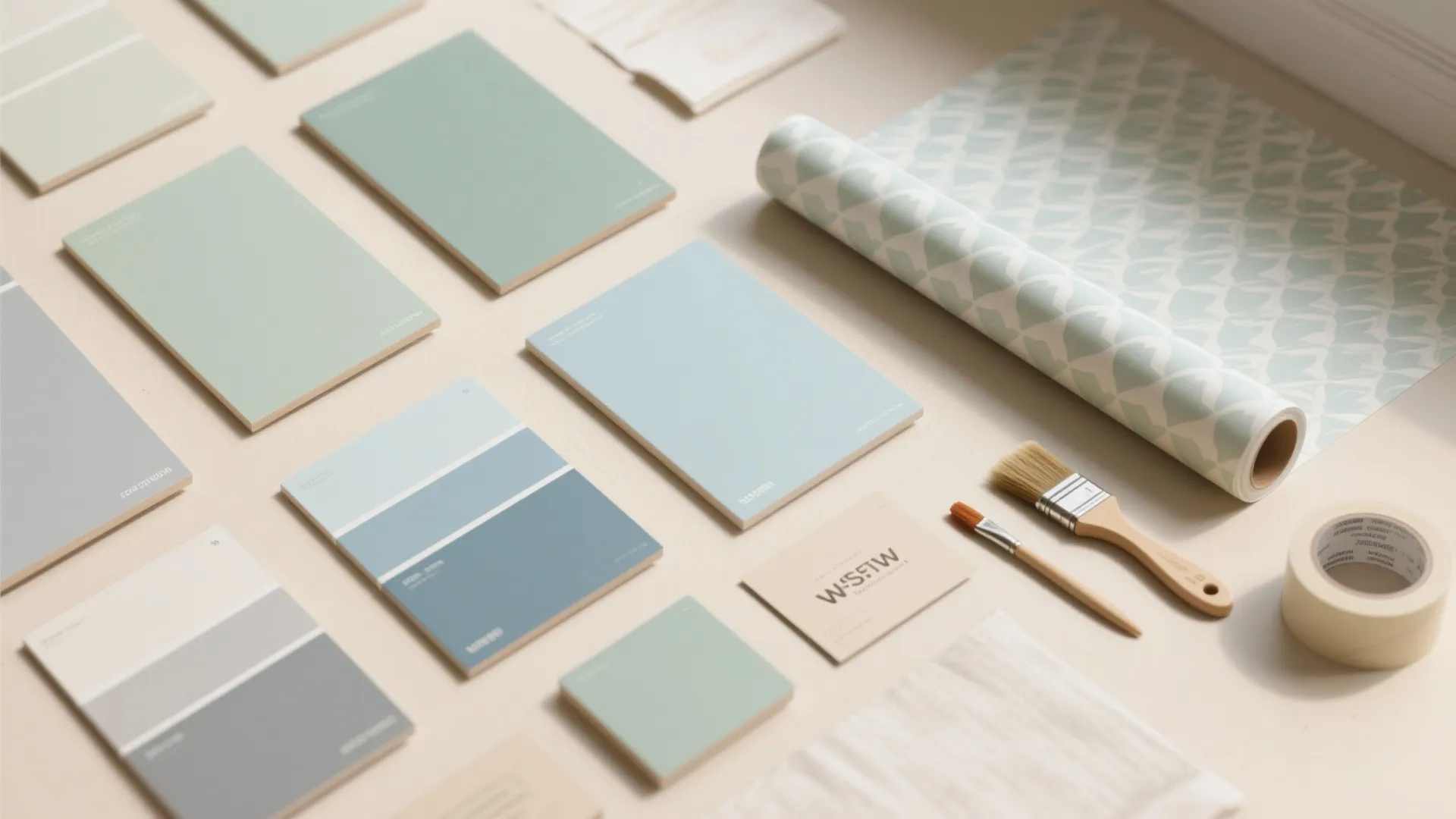 Top-down flatlay of paint swatches, peel-and-stick wallpaper, and tools in warm neutrals and sage.