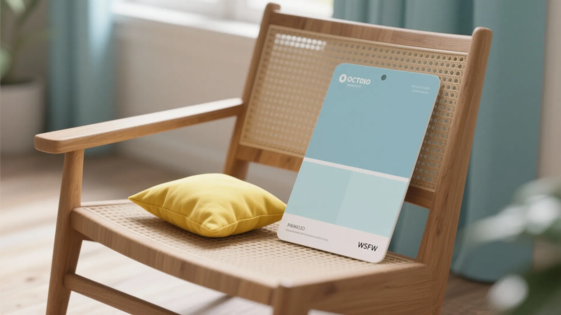Paint tester card and yellow pillow sample showing recommended muted blues and durable yellows