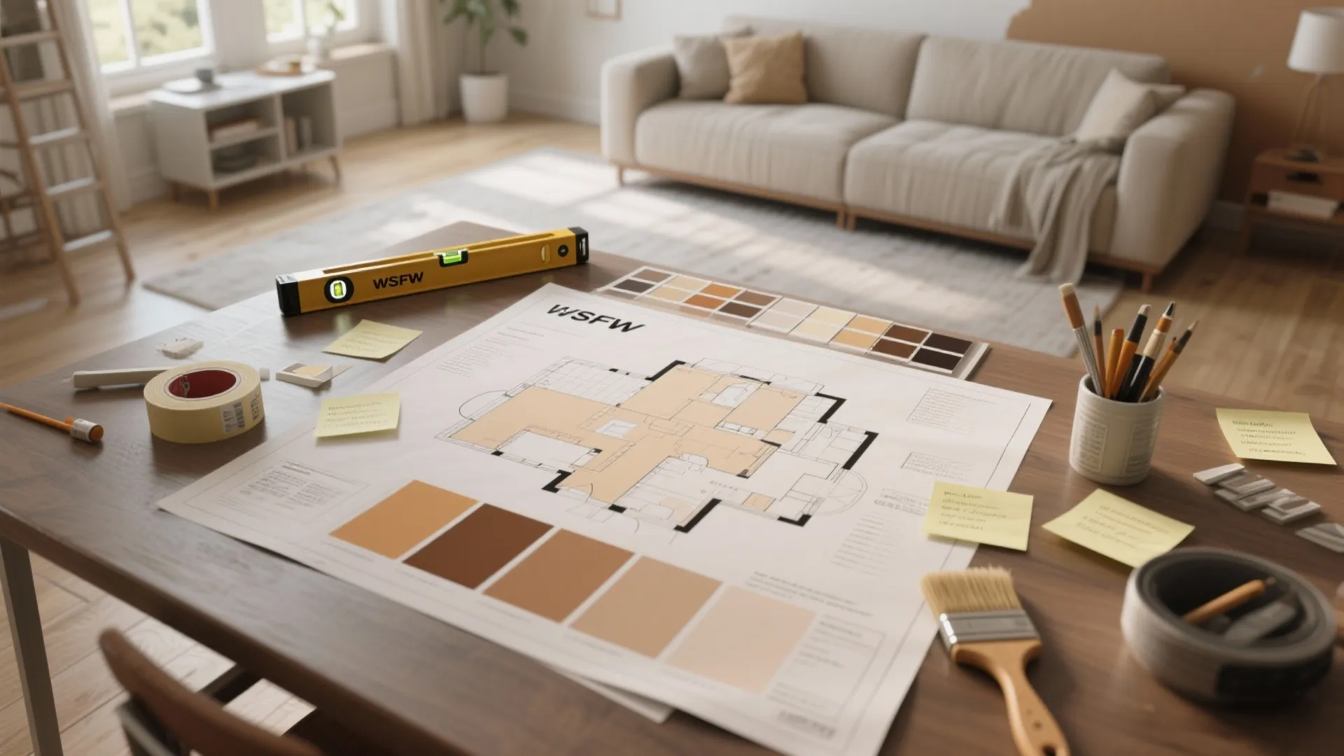 Architectural floor plan on table with color samples yellow level brush tape and living room