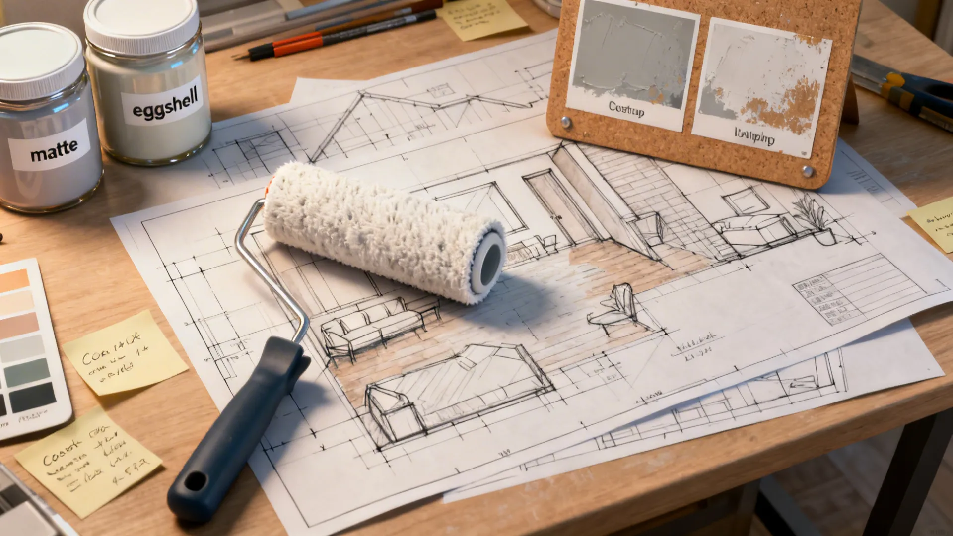 Desk flatlay with paint samples, roller, and planner illustrating repainting and budget choices