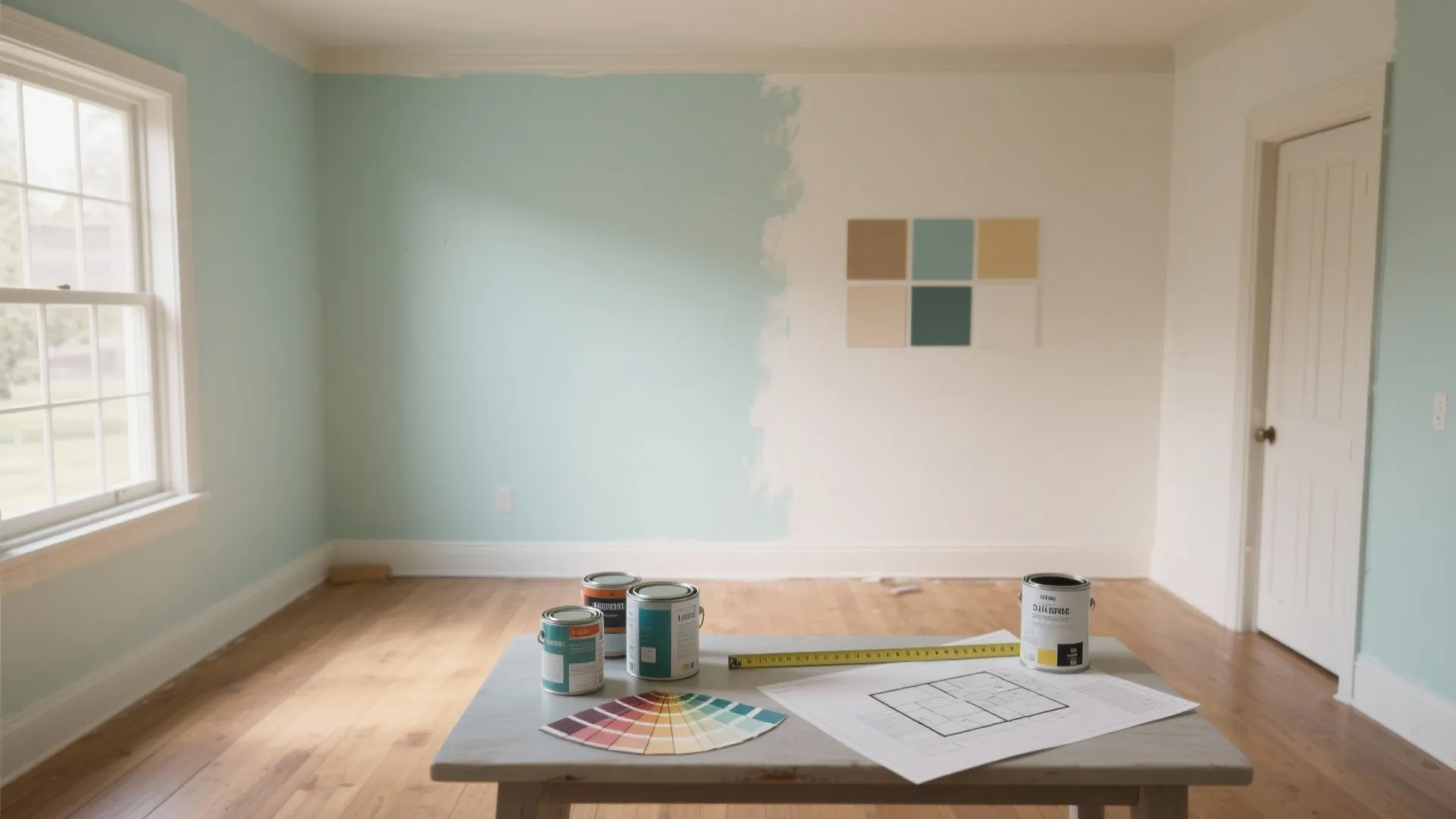 Room with light blue painted wall plus paint cans color swatches and floor plan table
