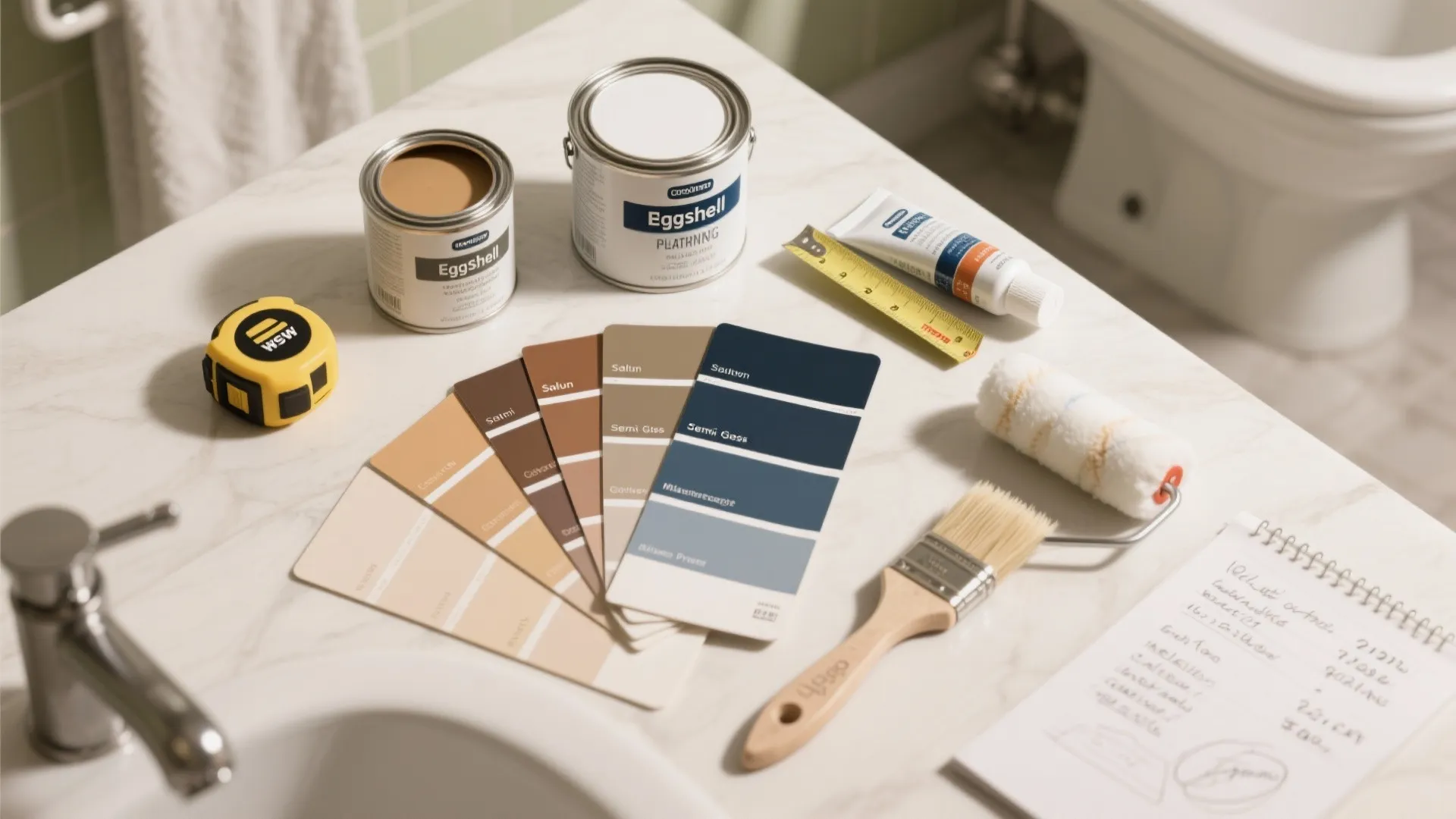 Flatlay of paint swatches, sample tins, primer and tools used for planning a small bathroom paint job.