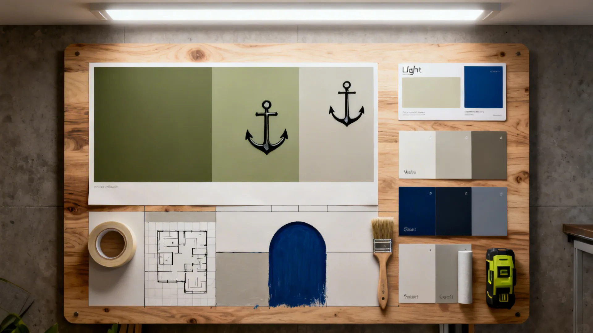 Top-down board with swatches, finishes, tools, and a color-zoned floor plan sketch.