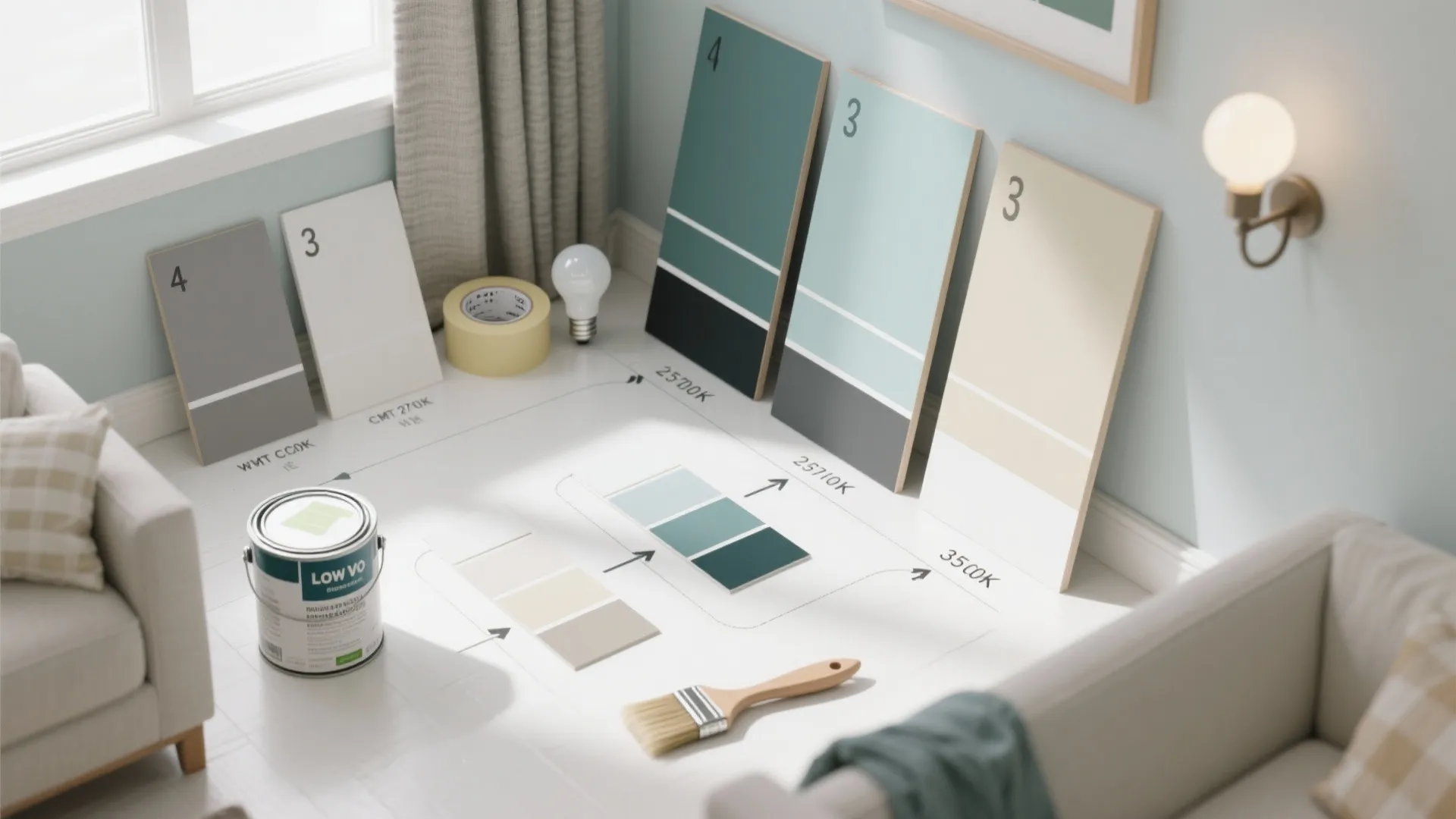 Top-down scene showing paint sample boards, fabric swatches, CCT bulbs, and tools for a living room paint plan.