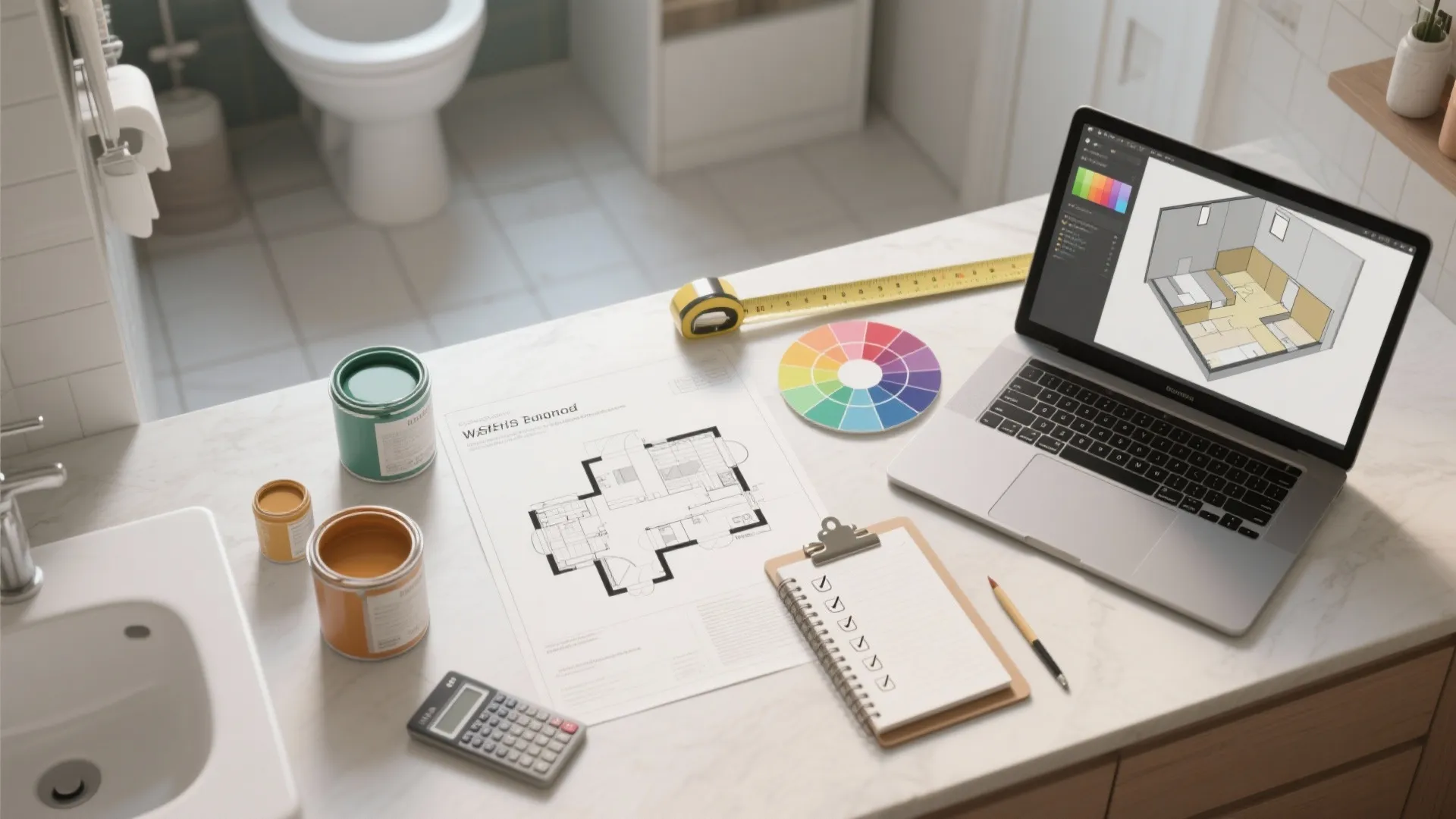 Top-down view of paint planning tools: color swatches, floor plan, sample pots, and a laptop with a 3D planner