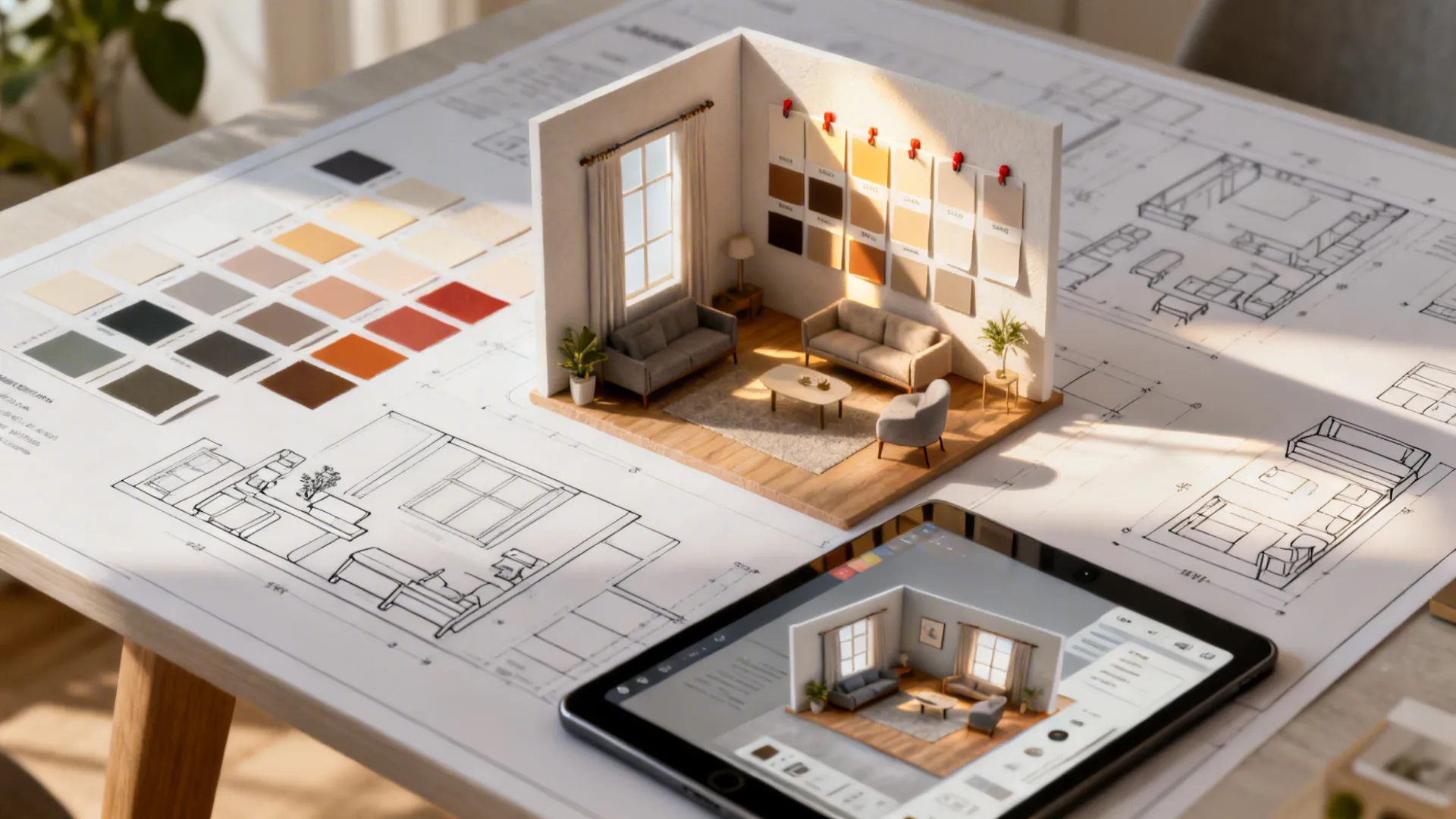 Top-down view of a scaled room mockup with paint swatches and a tablet showing a 3D planner