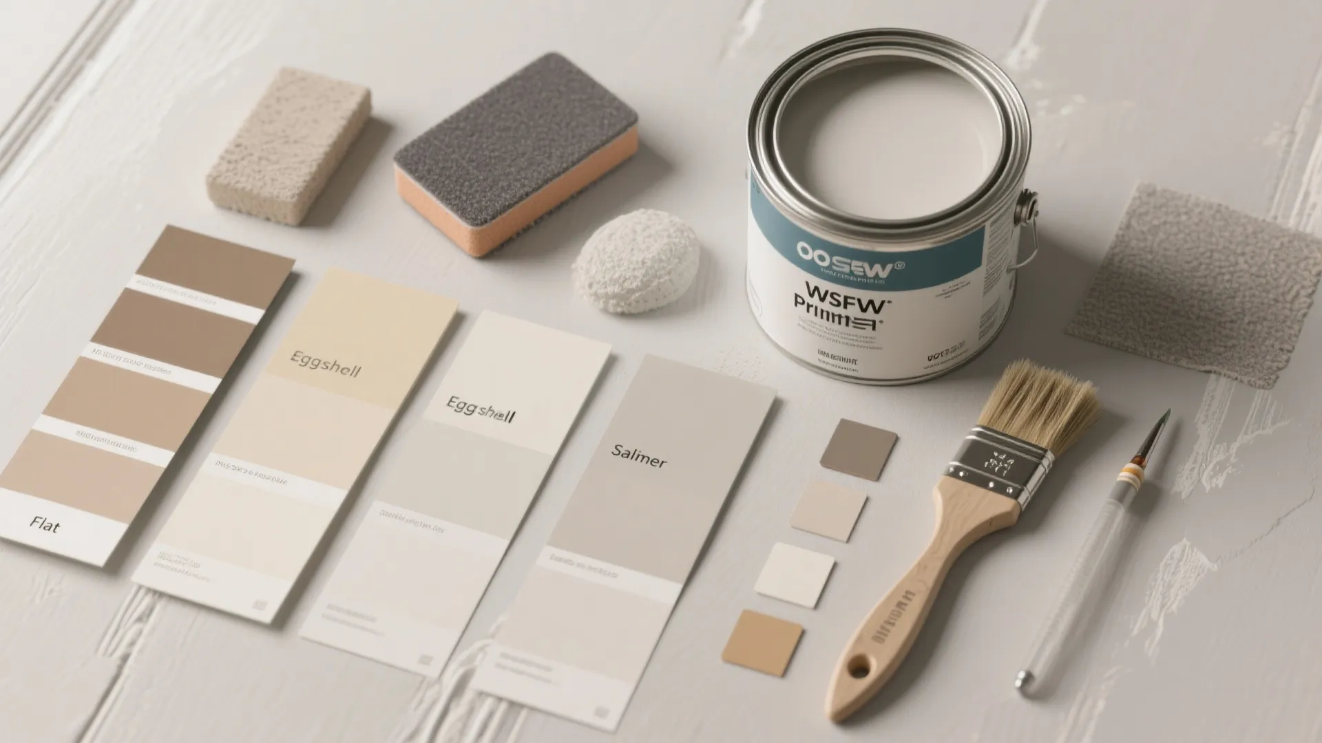Flatlay of paint finish swatches, primer can, brushes and sanding block highlighting prep and finish choices.