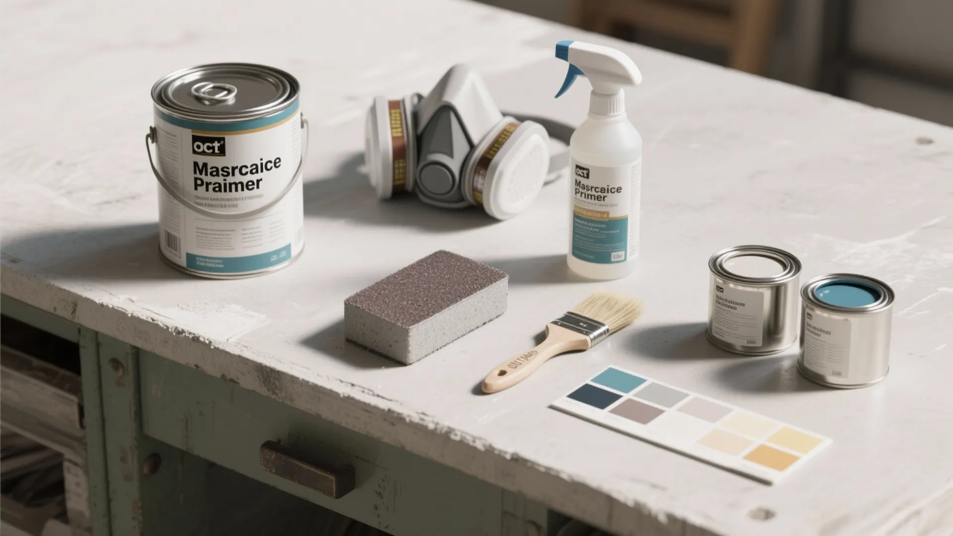 Work table with paint cans brush sanding block spray bottle safety mask and color sample card