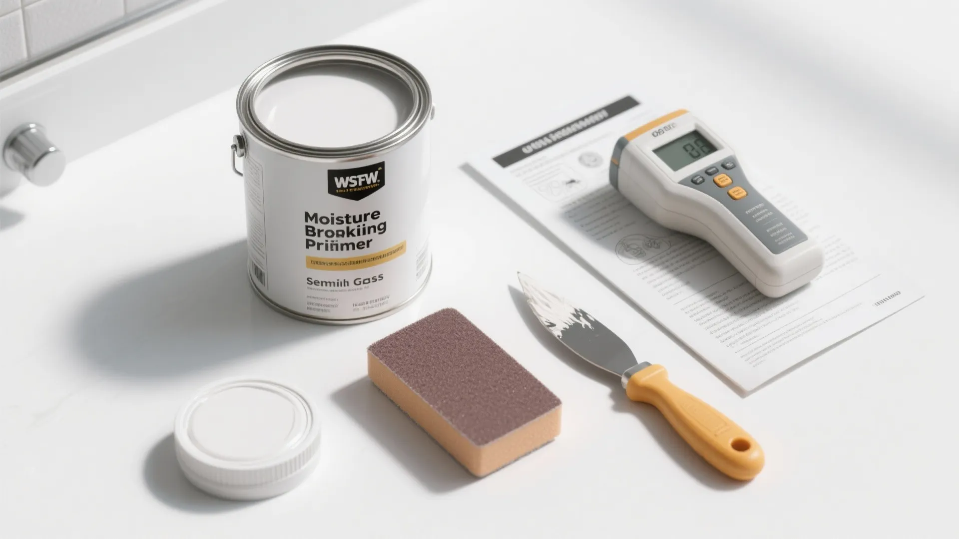 Wall painting tools including white primer can sponge scraper moisture meter and instructions on white table