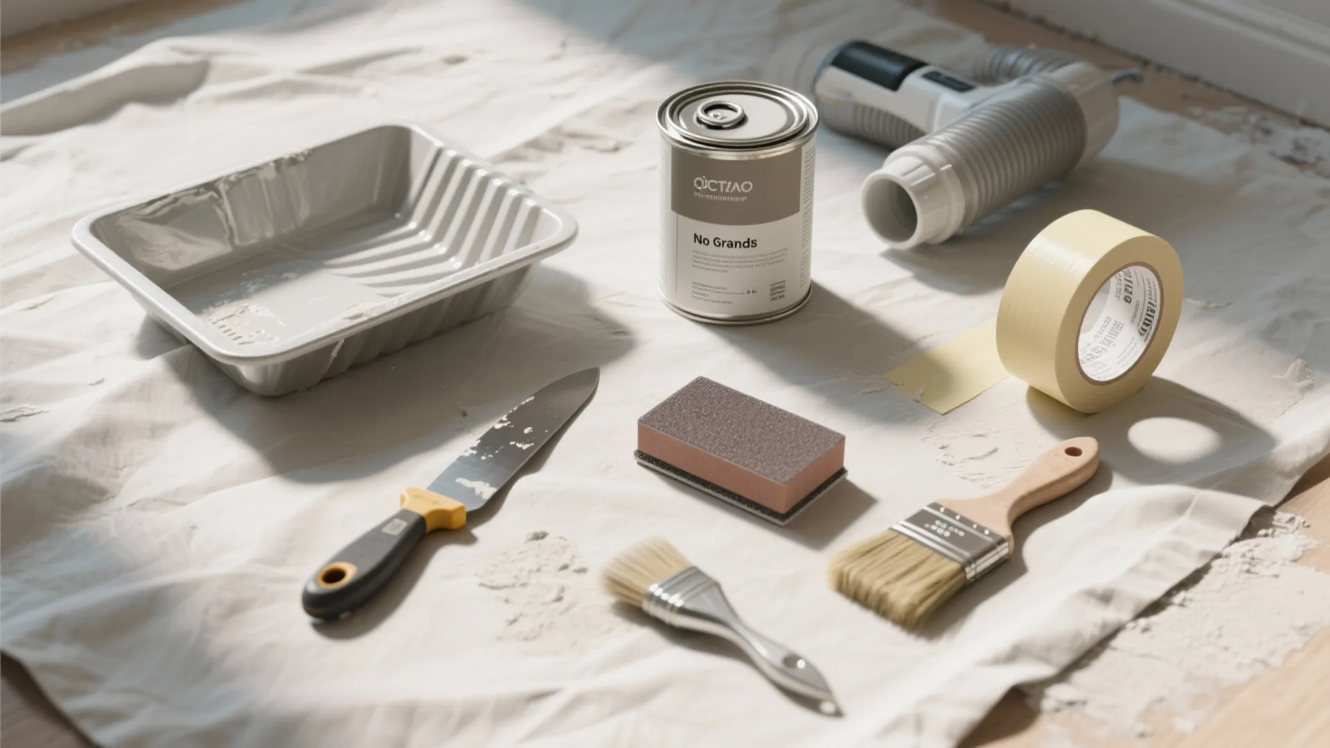 Various room painting tools including paint can, brush, tape, tray, and sandpaper on white cloth