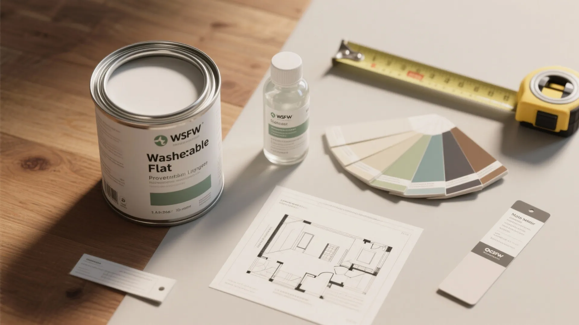 Flatlay of washable flat paint, clear matte sealer, swatches and a small layout sketch for preventing wall damage.