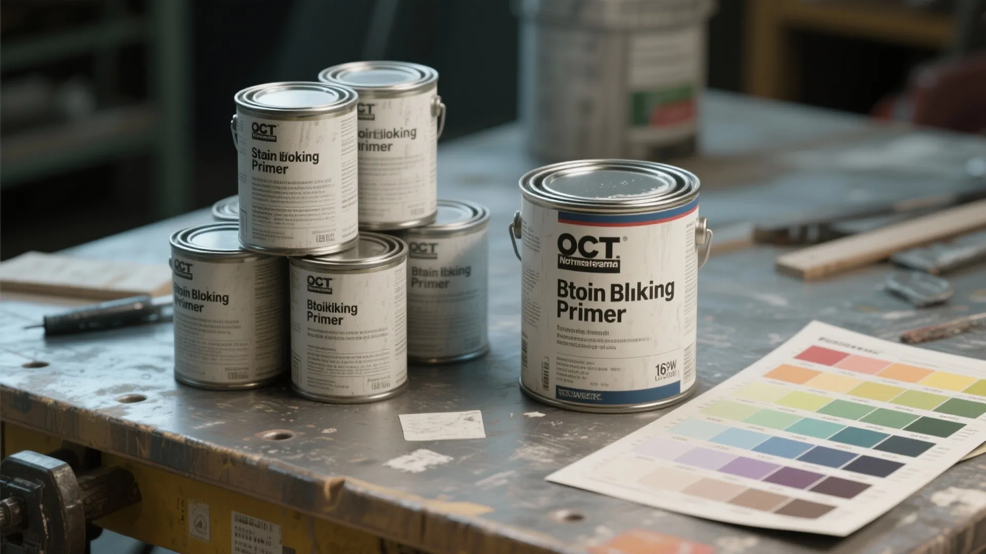 Stack of generic paint cans and a stain-blocking primer near a moisture-resistant swatch chart.