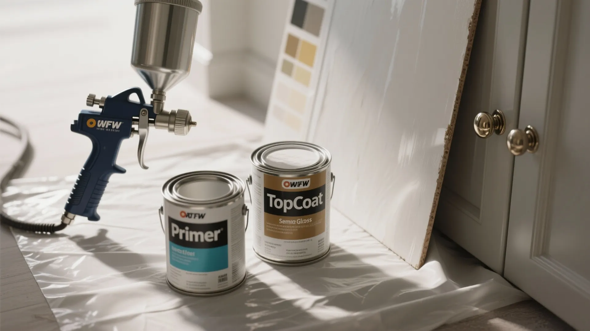 Blue paint spray gun with cans of primer and top coat on white plastic sheet