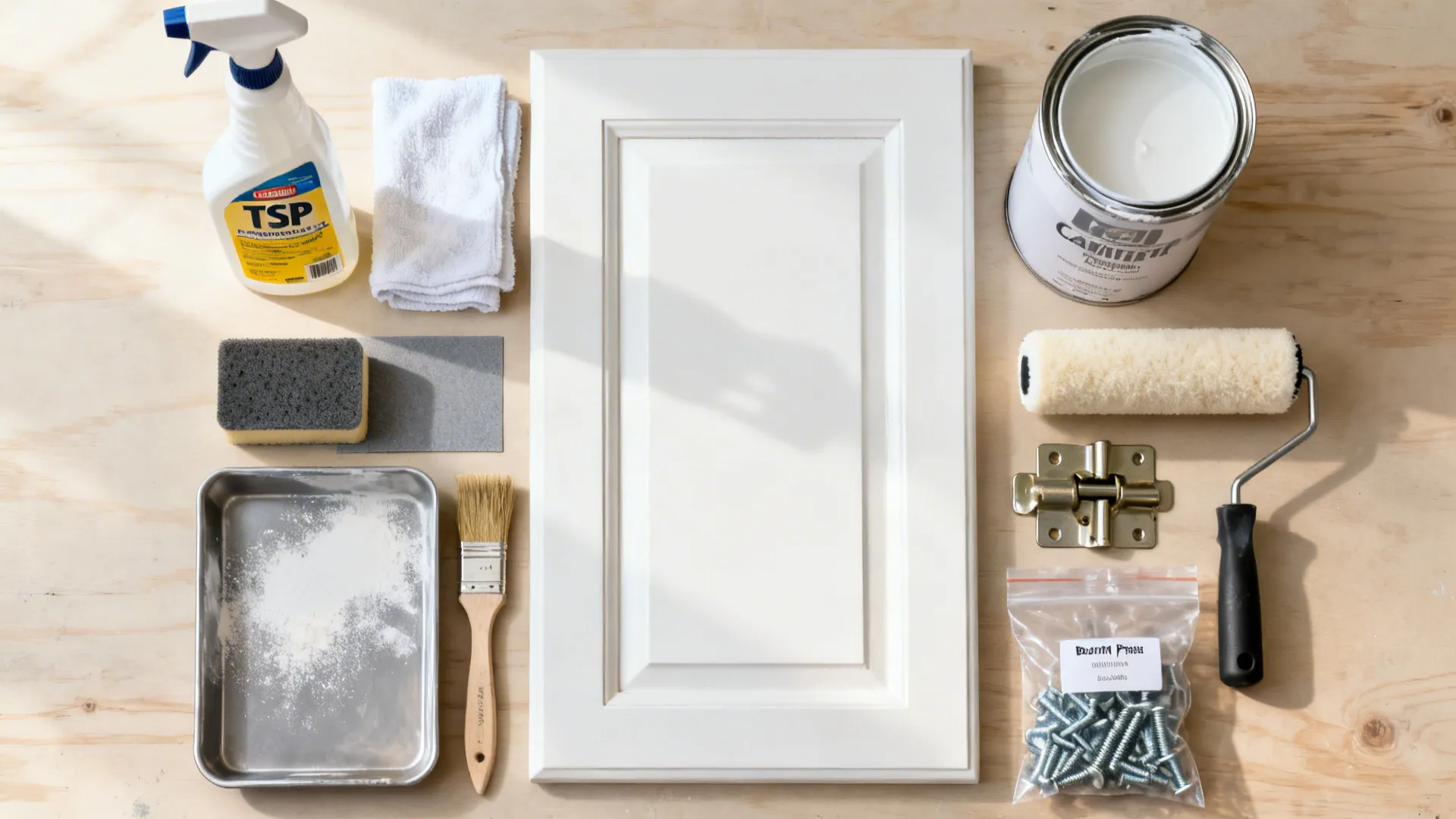 Top-down tools for cabinet paint refresh including degreaser, sandpaper, primer, and enamel paint.