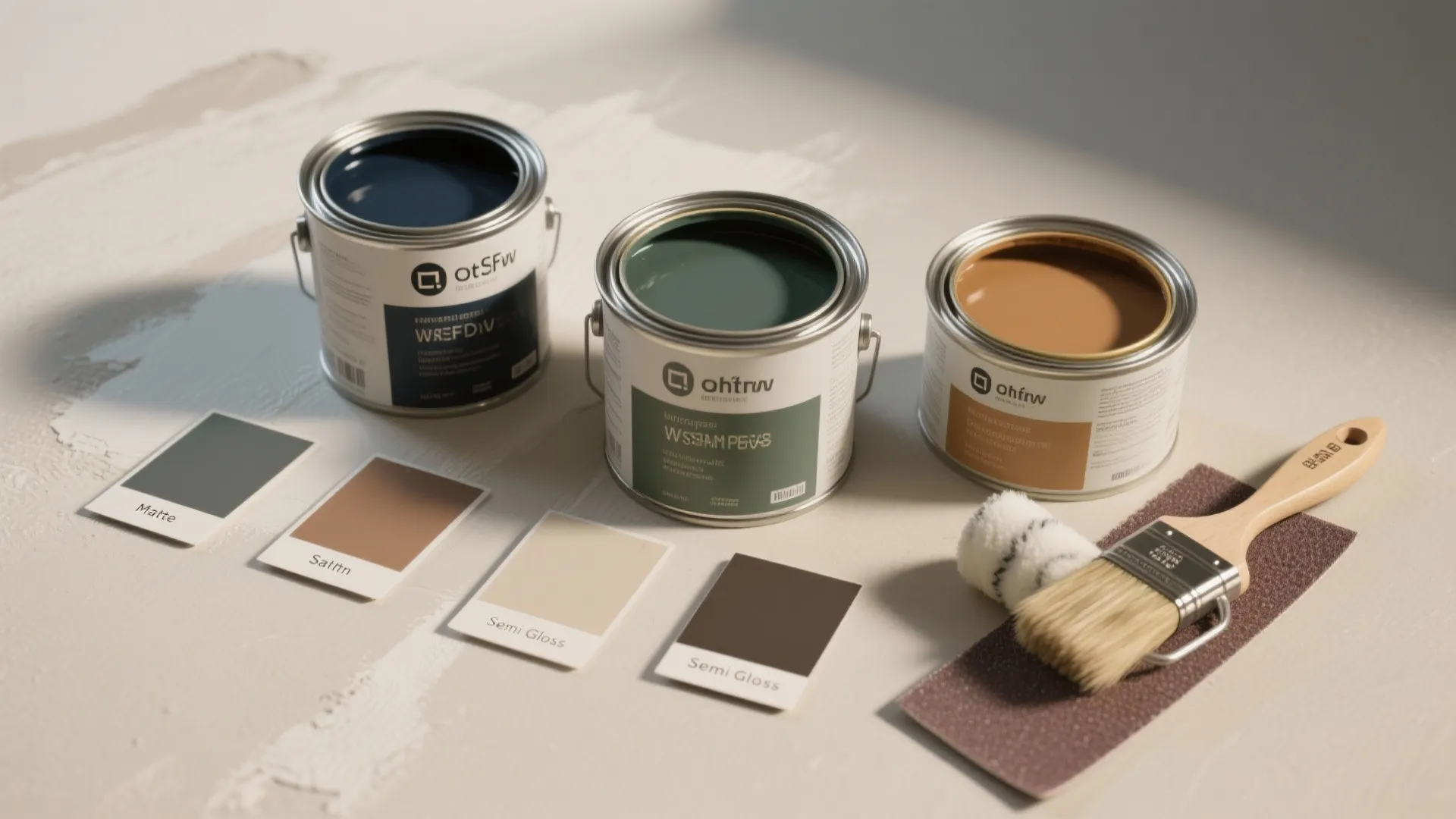 Three open paint cans with different colors including blue green and brown with painting tools