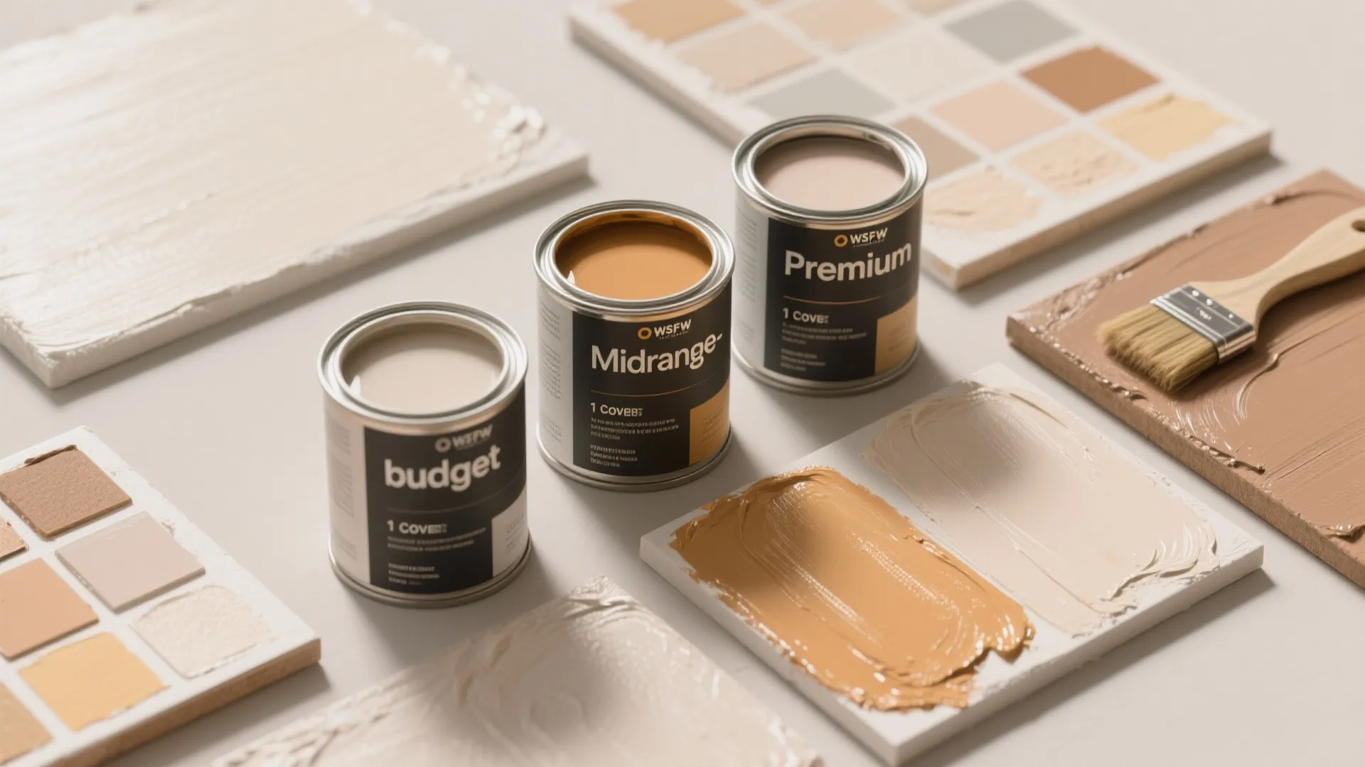 Three cans of budget and premium wall paint with color samples and a wood brush