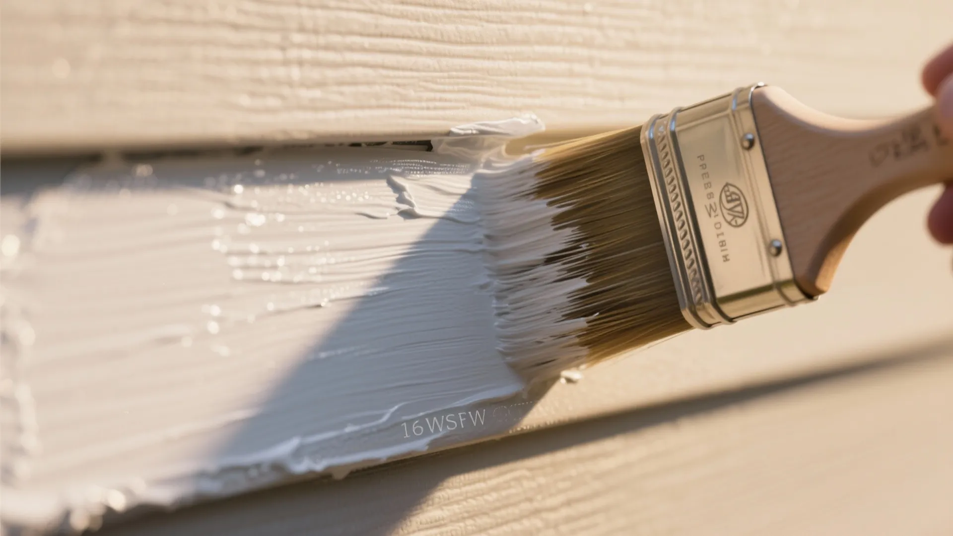 Close up view of a hand using a brush to apply white paint on wood